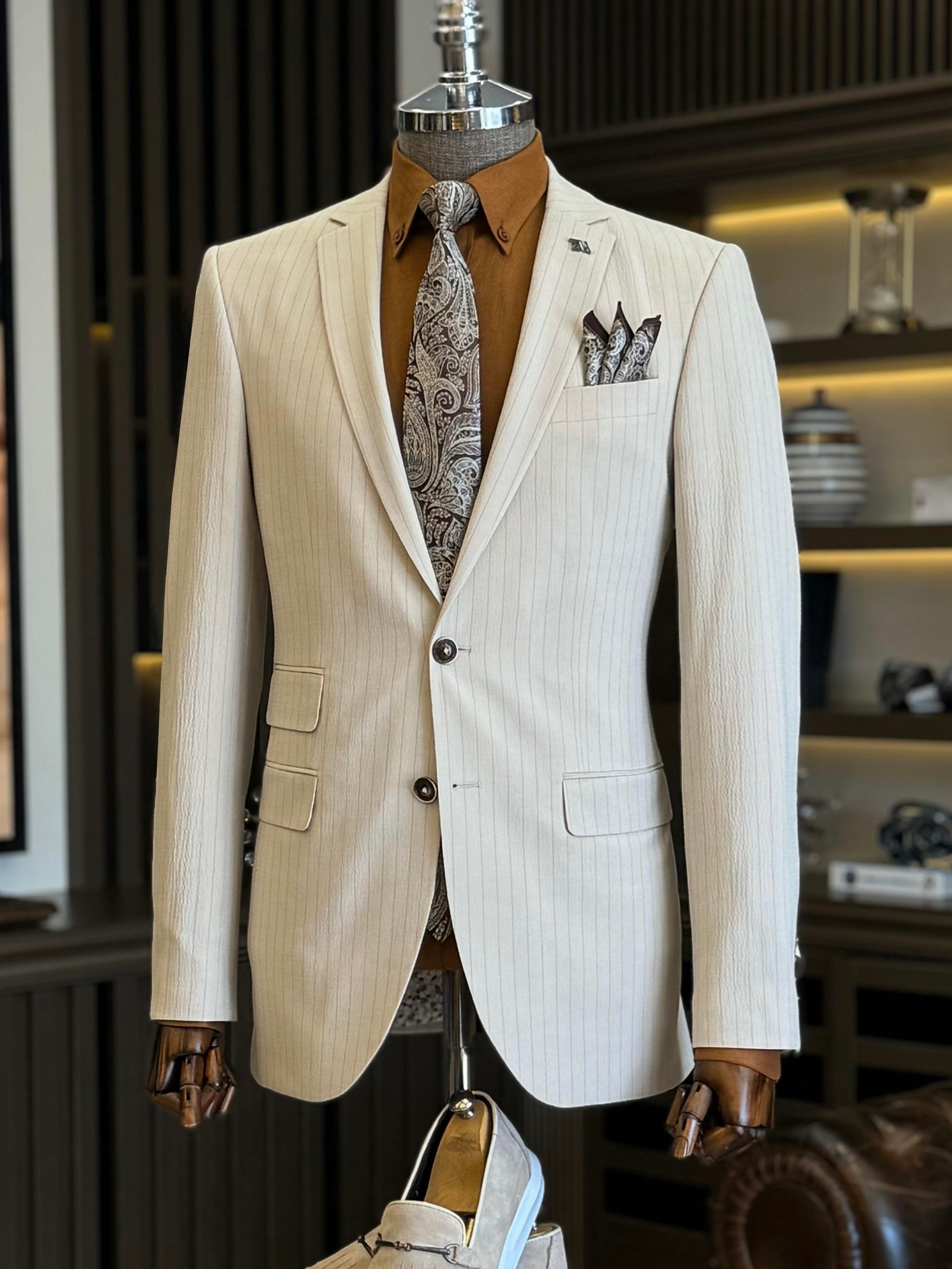 Beige Striped Slim-Fit Suit 2-Piece