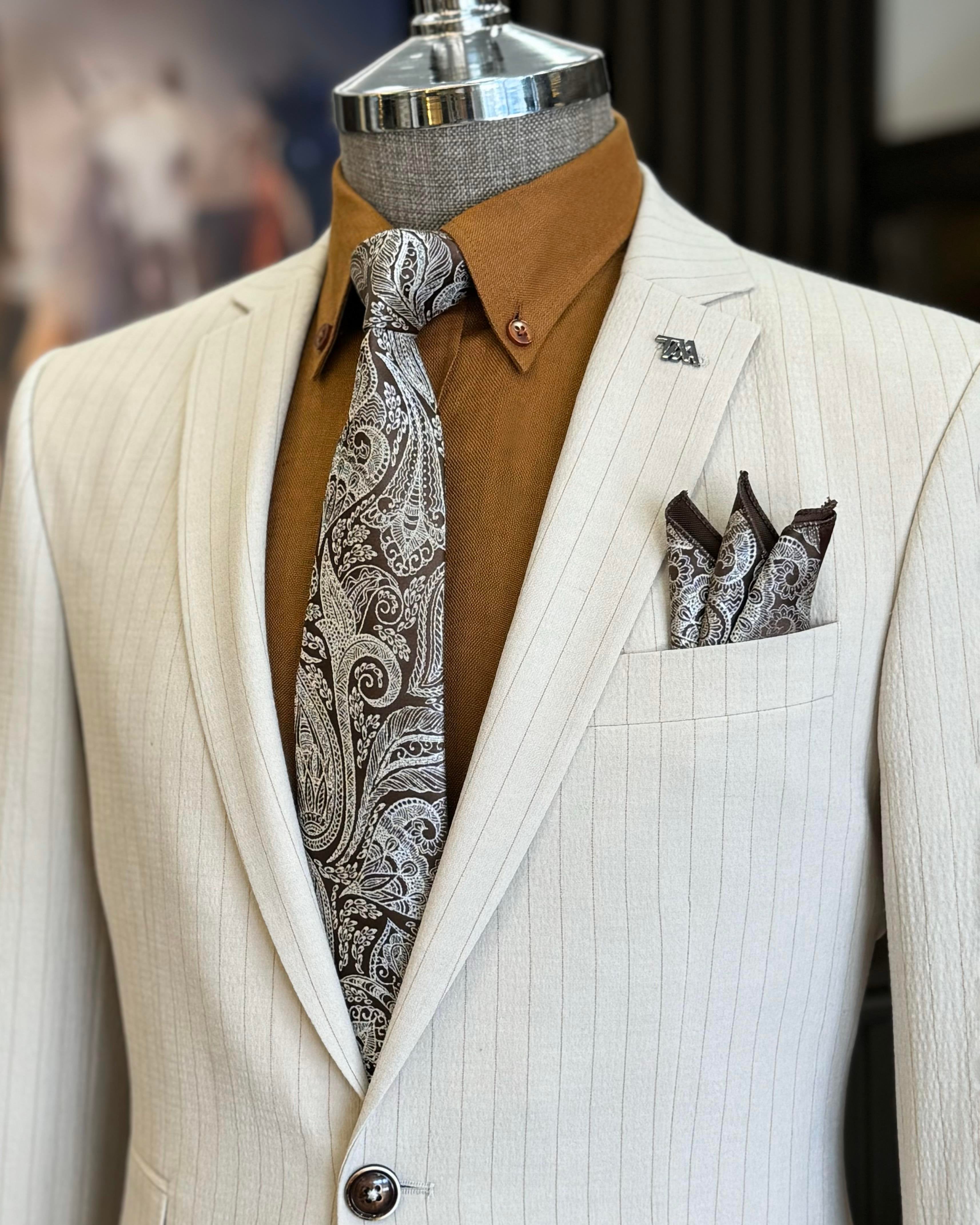 Beige Striped Slim-Fit Suit 2-Piece