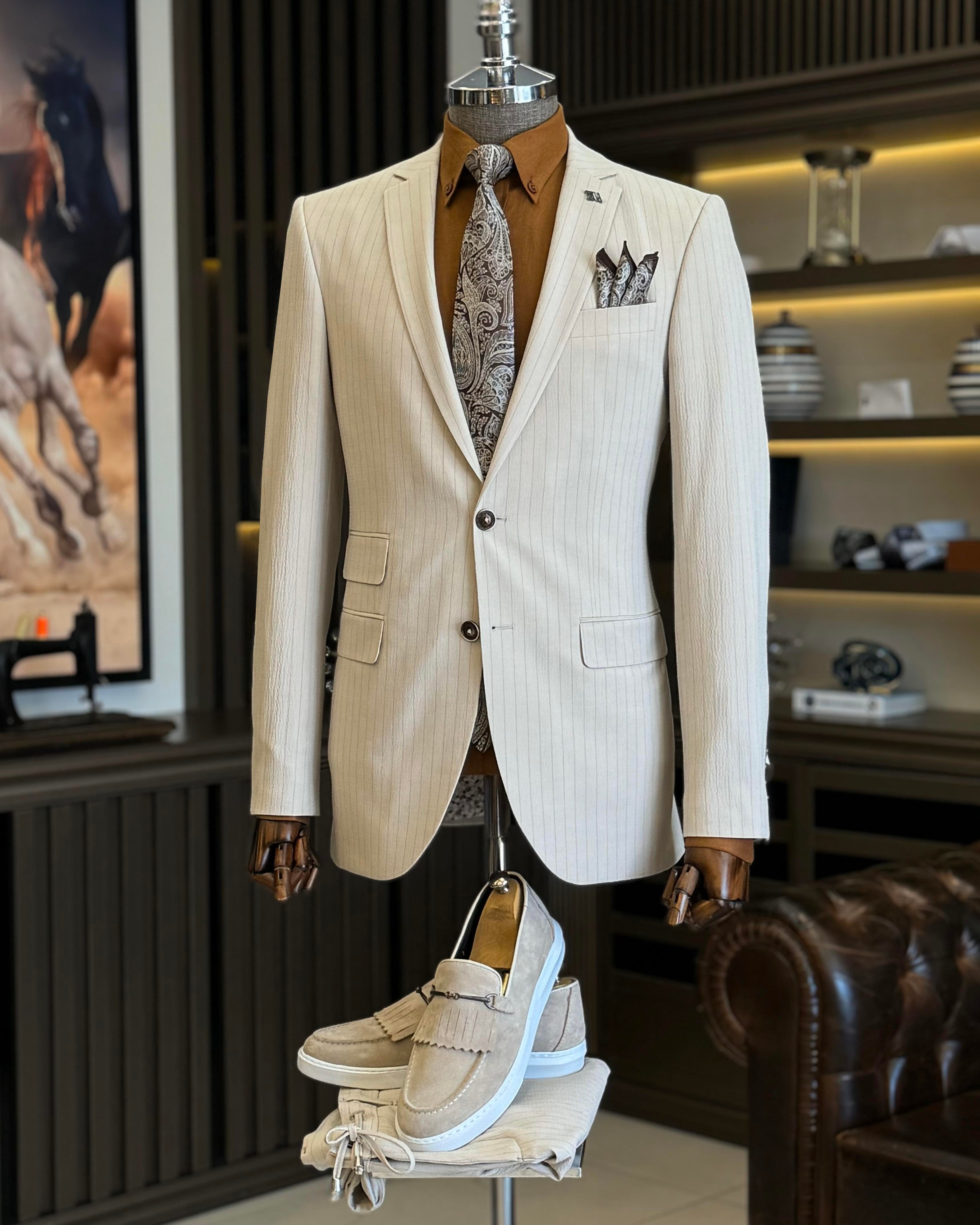 Beige Striped Slim-Fit Suit 2-Piece