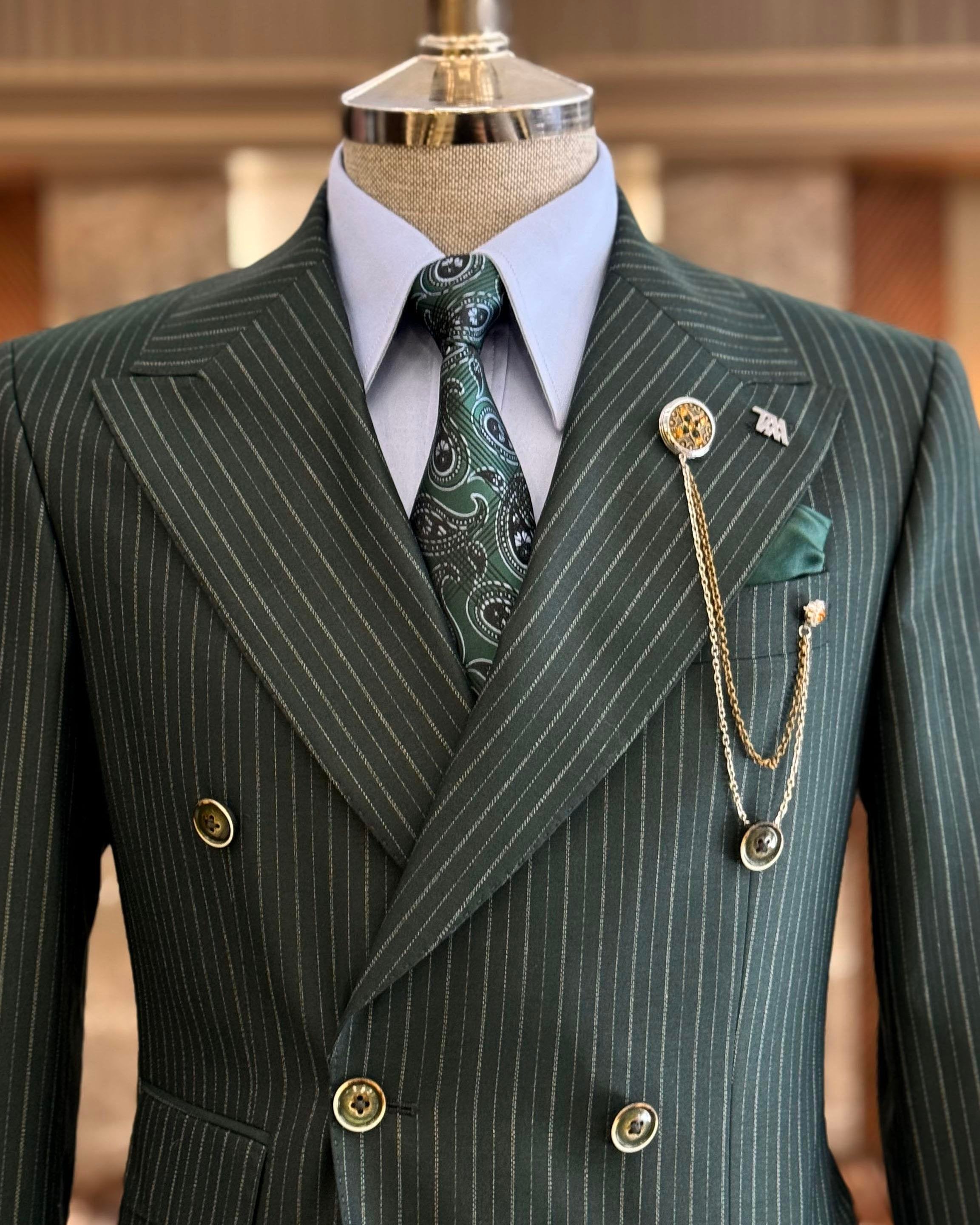 Green Striped Double Breasted Suit 2-Piece