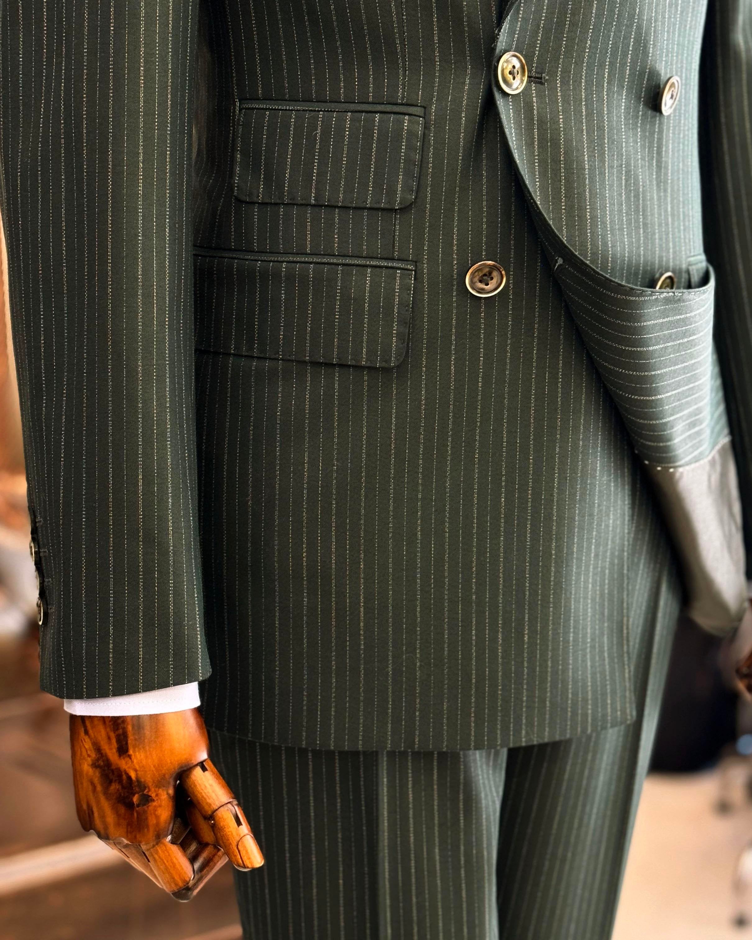 Green Striped Double Breasted Suit 2-Piece