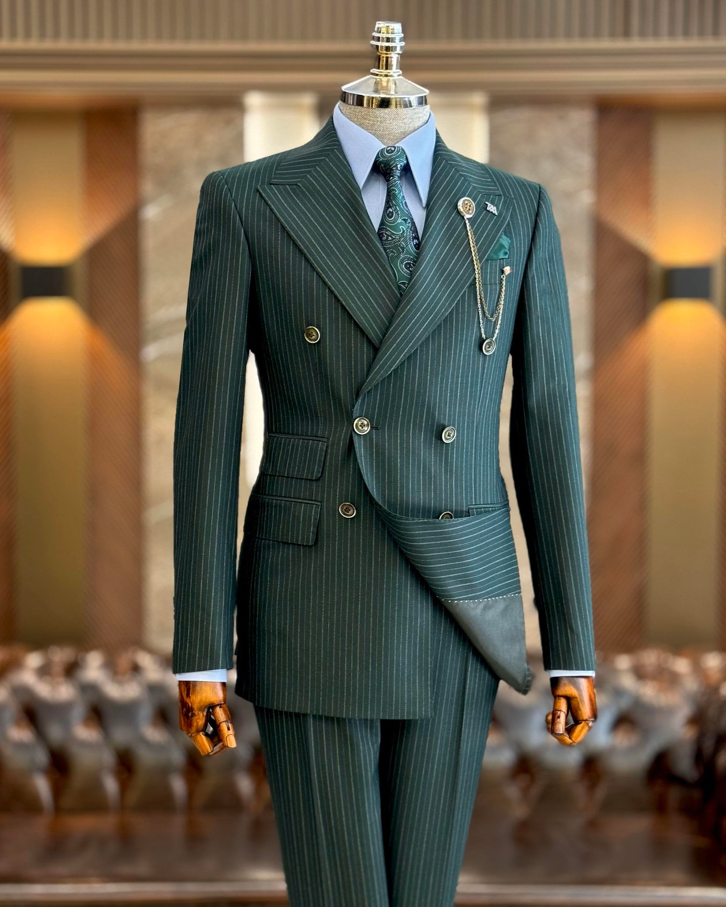 Green Striped Double Breasted Suit 2-Piece