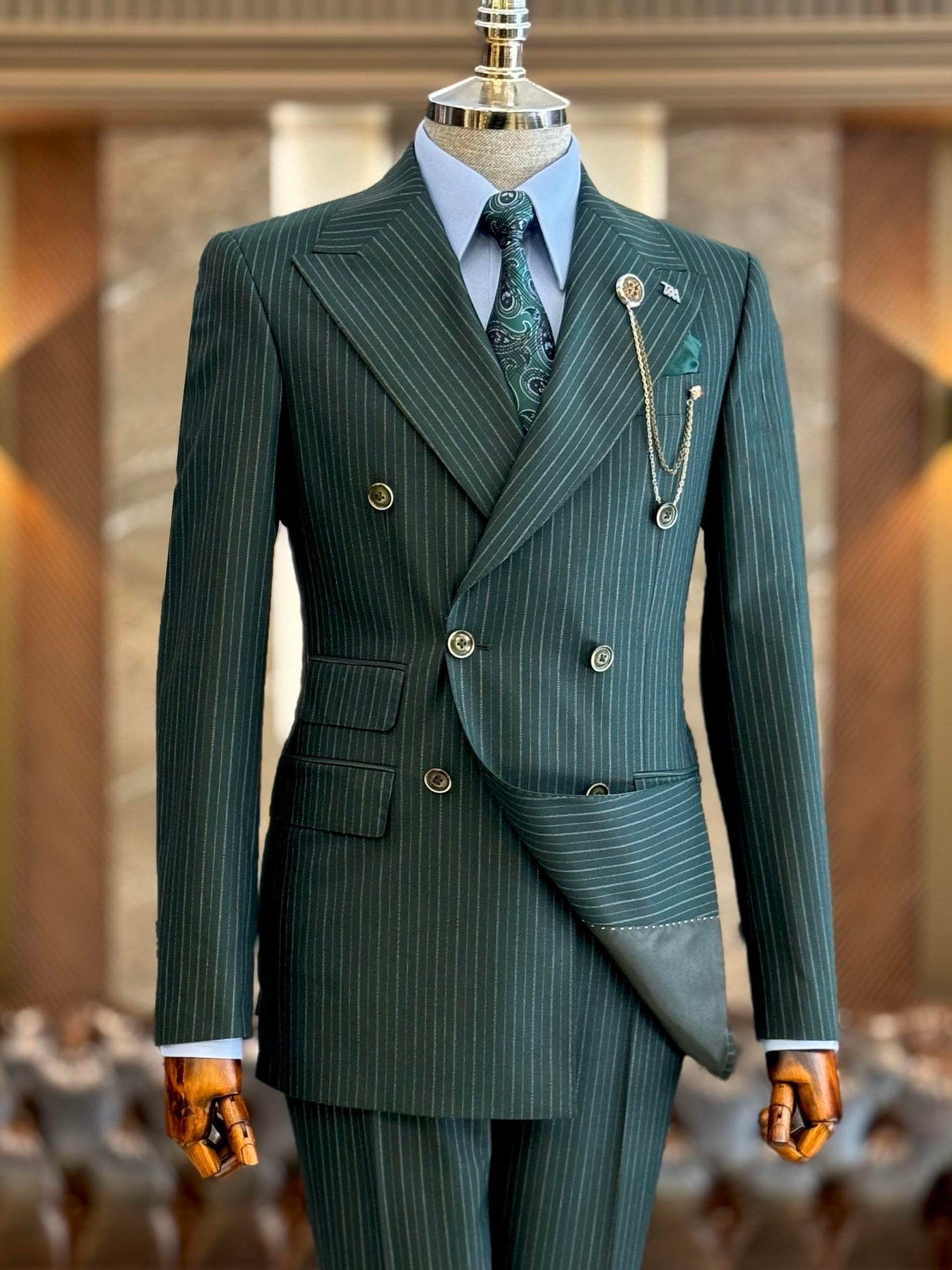 Green Striped Double Breasted Suit 2-Piece