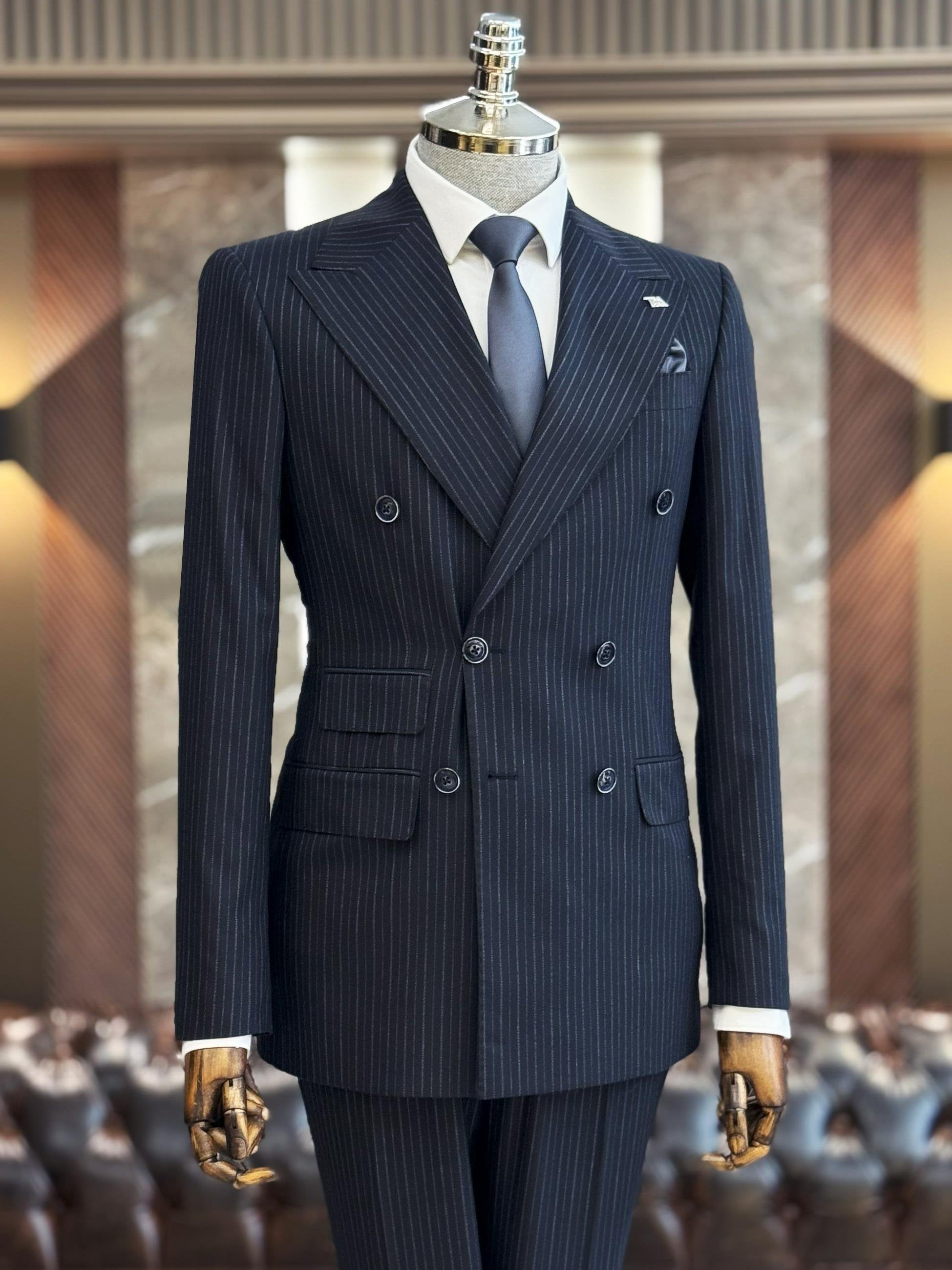 Navy Striped Double Breasted Suit 2-Piece