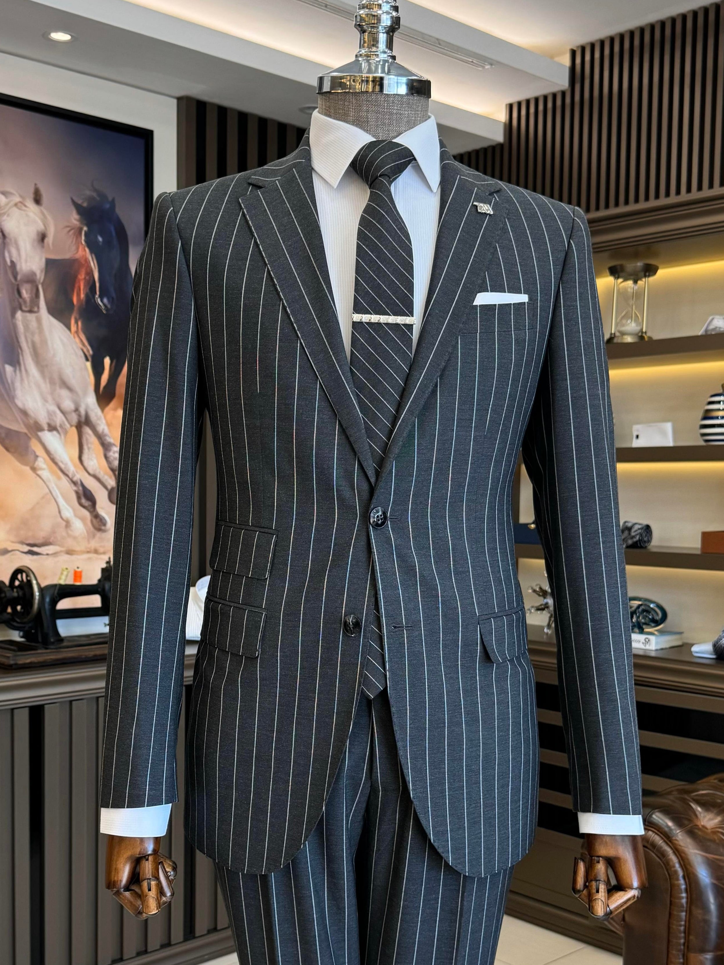 Black Striped Slim-Fit Suit 2-Piece