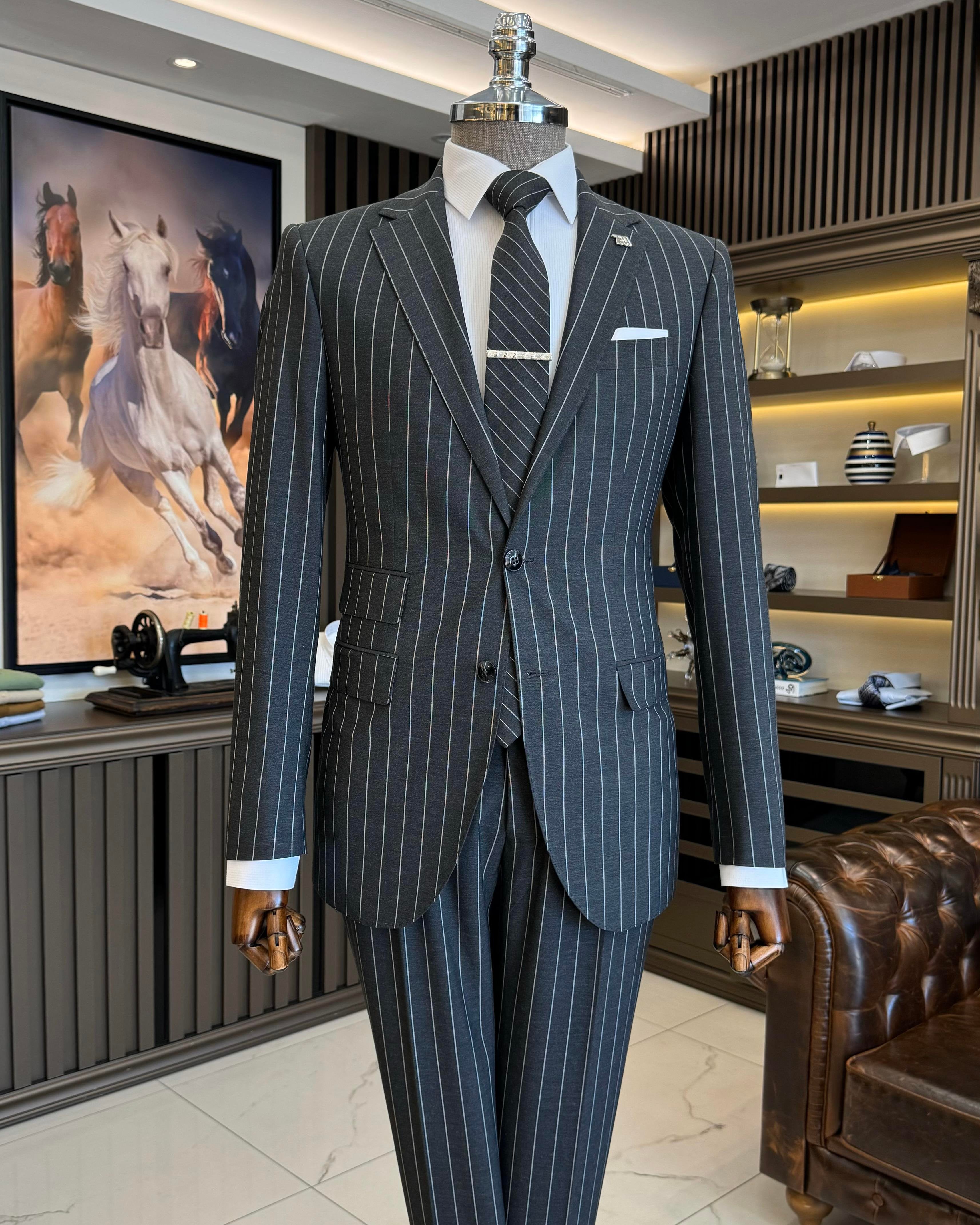 Black Striped Slim-Fit Suit 2-Piece