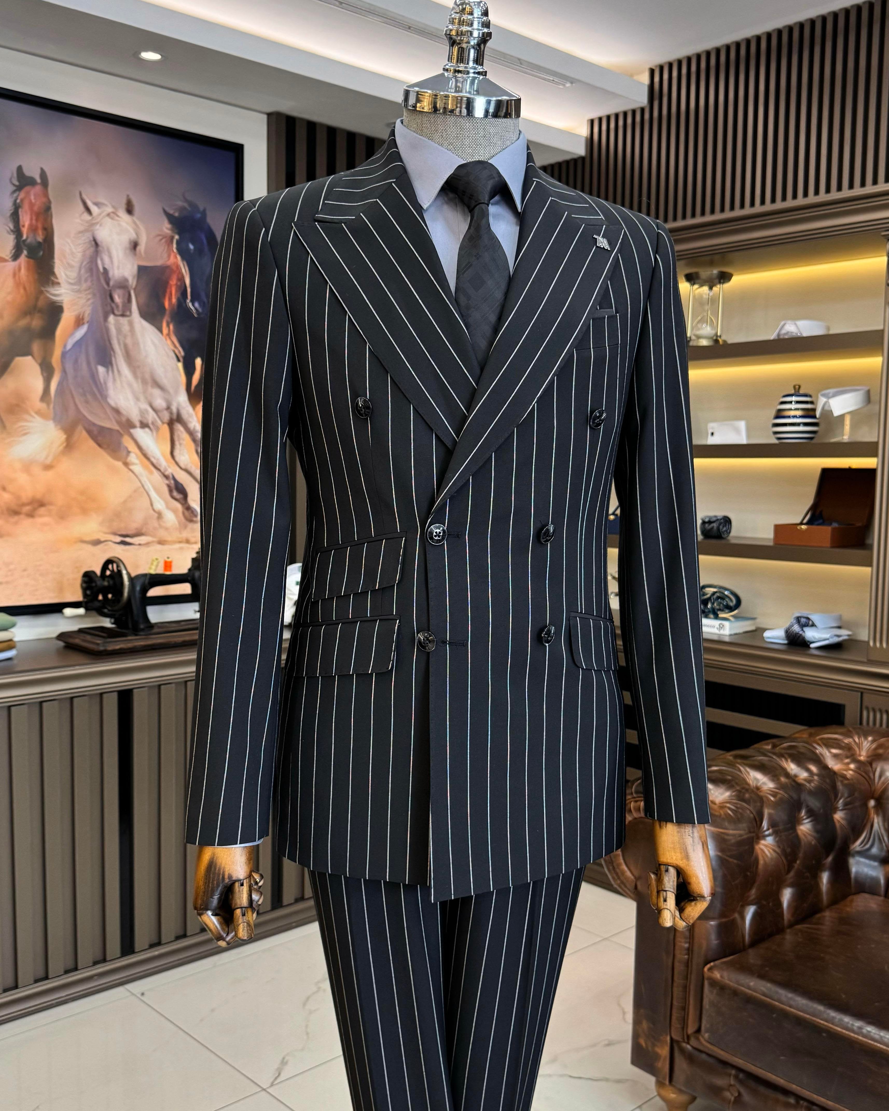 Black Striped Double Breasted Suit 2-Piece