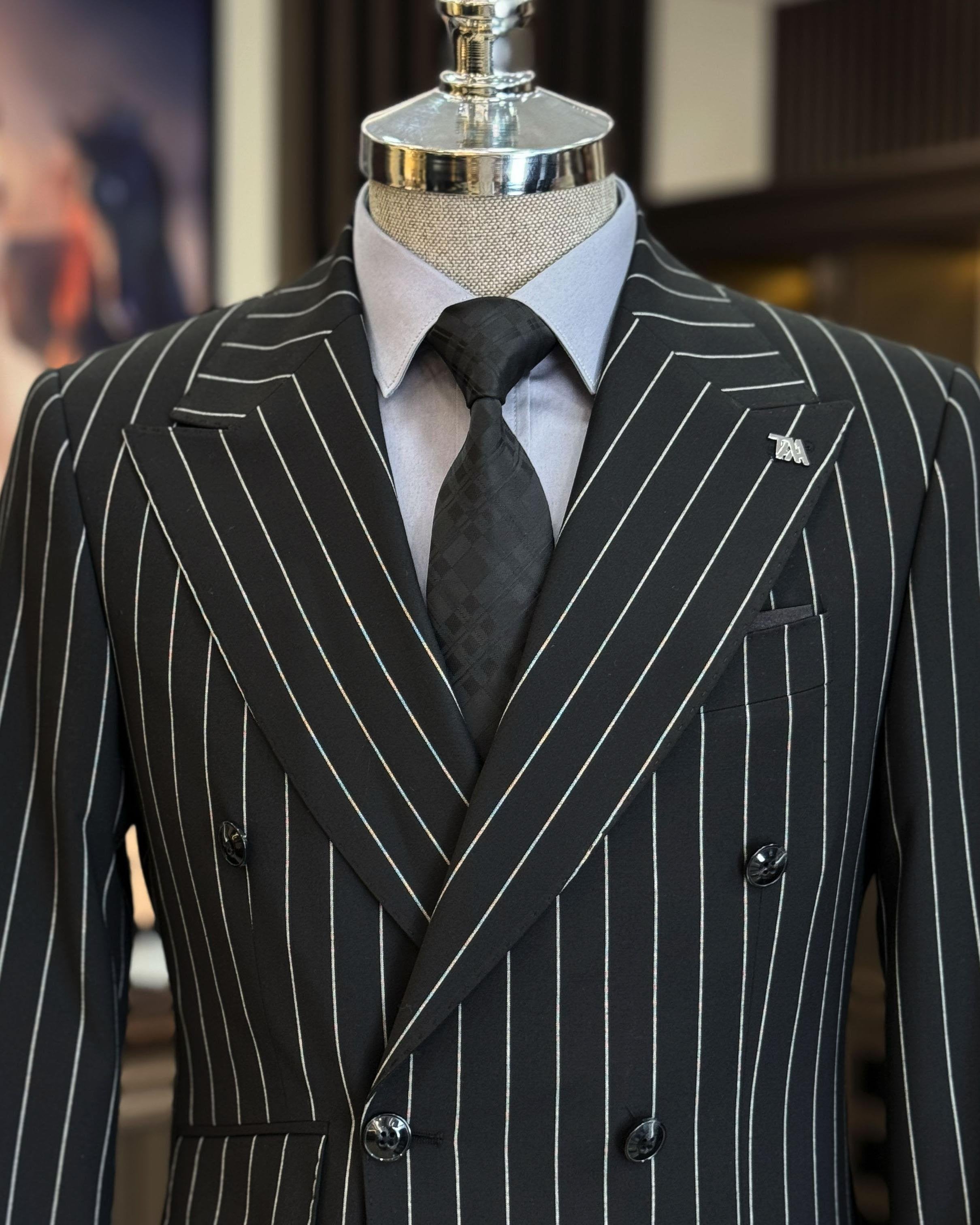 Black Striped Double Breasted Suit 2-Piece