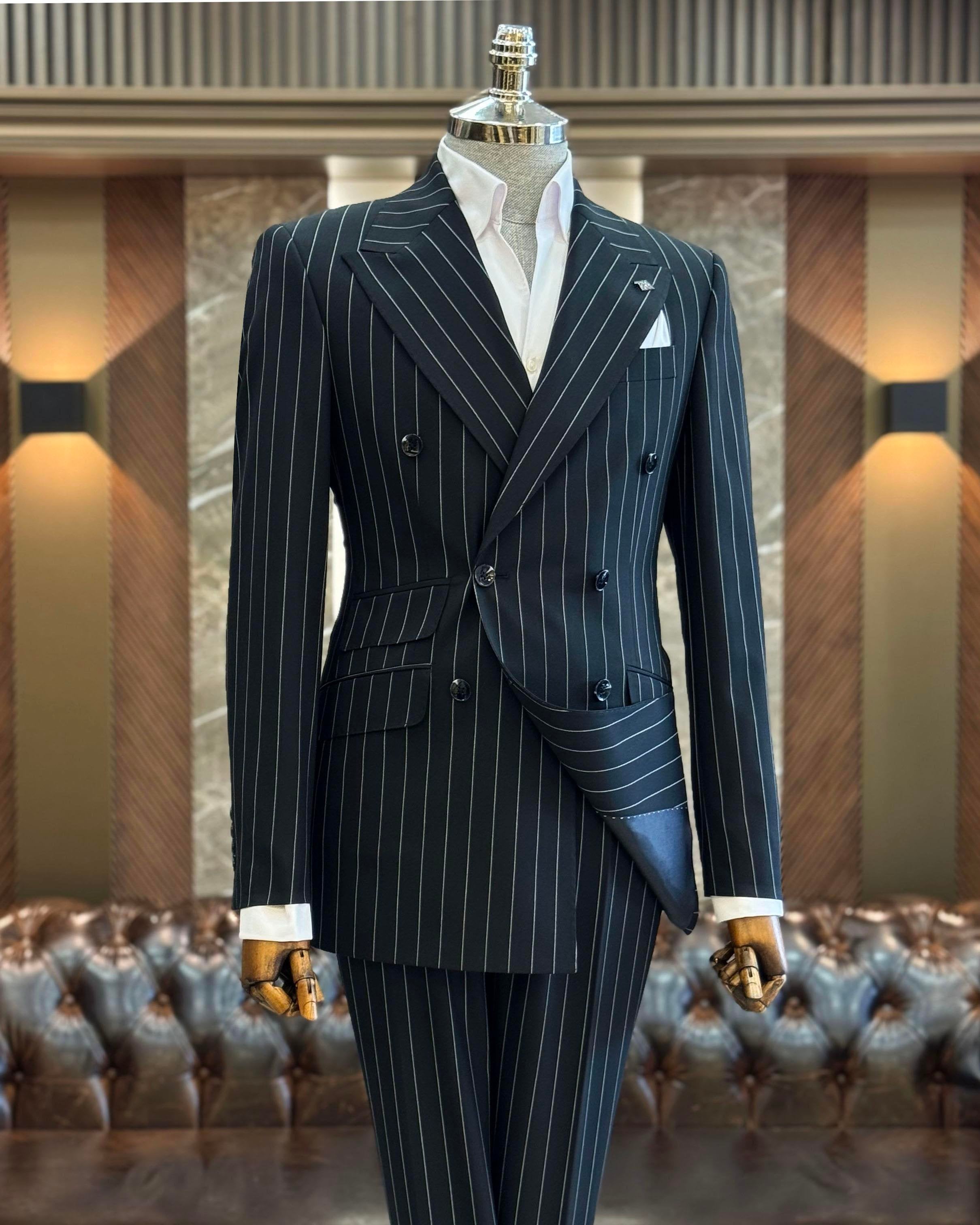 Black Striped Double Breasted Suit 2-Piece