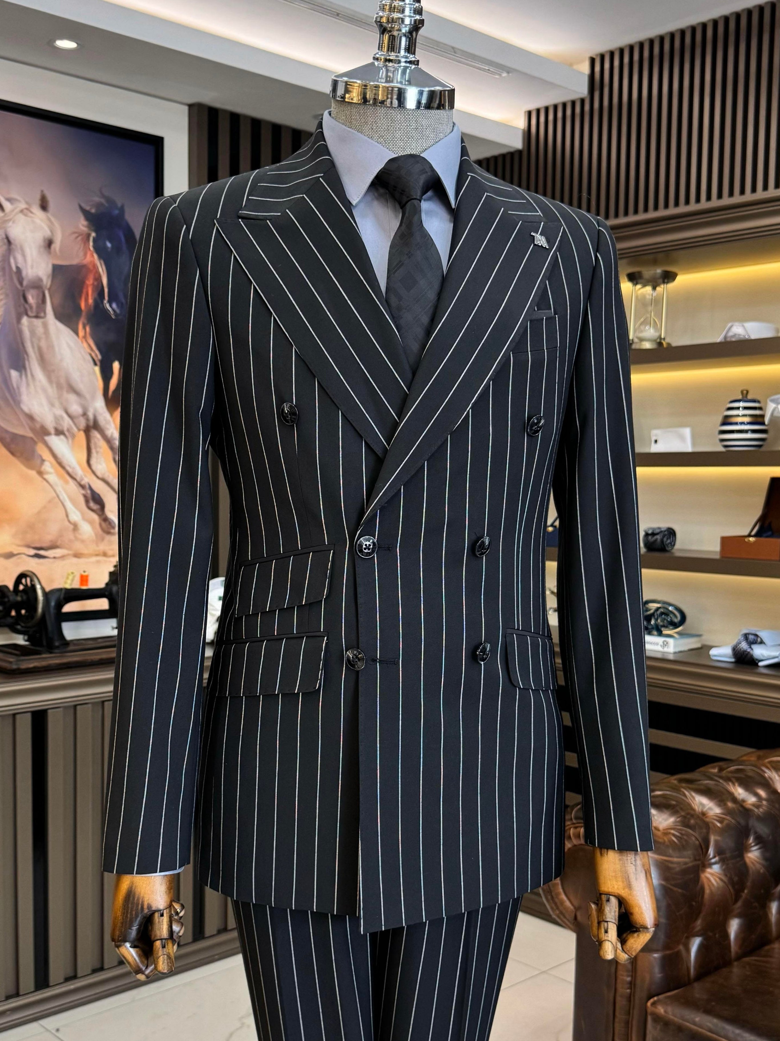 Black Striped Double Breasted Suit 2-Piece