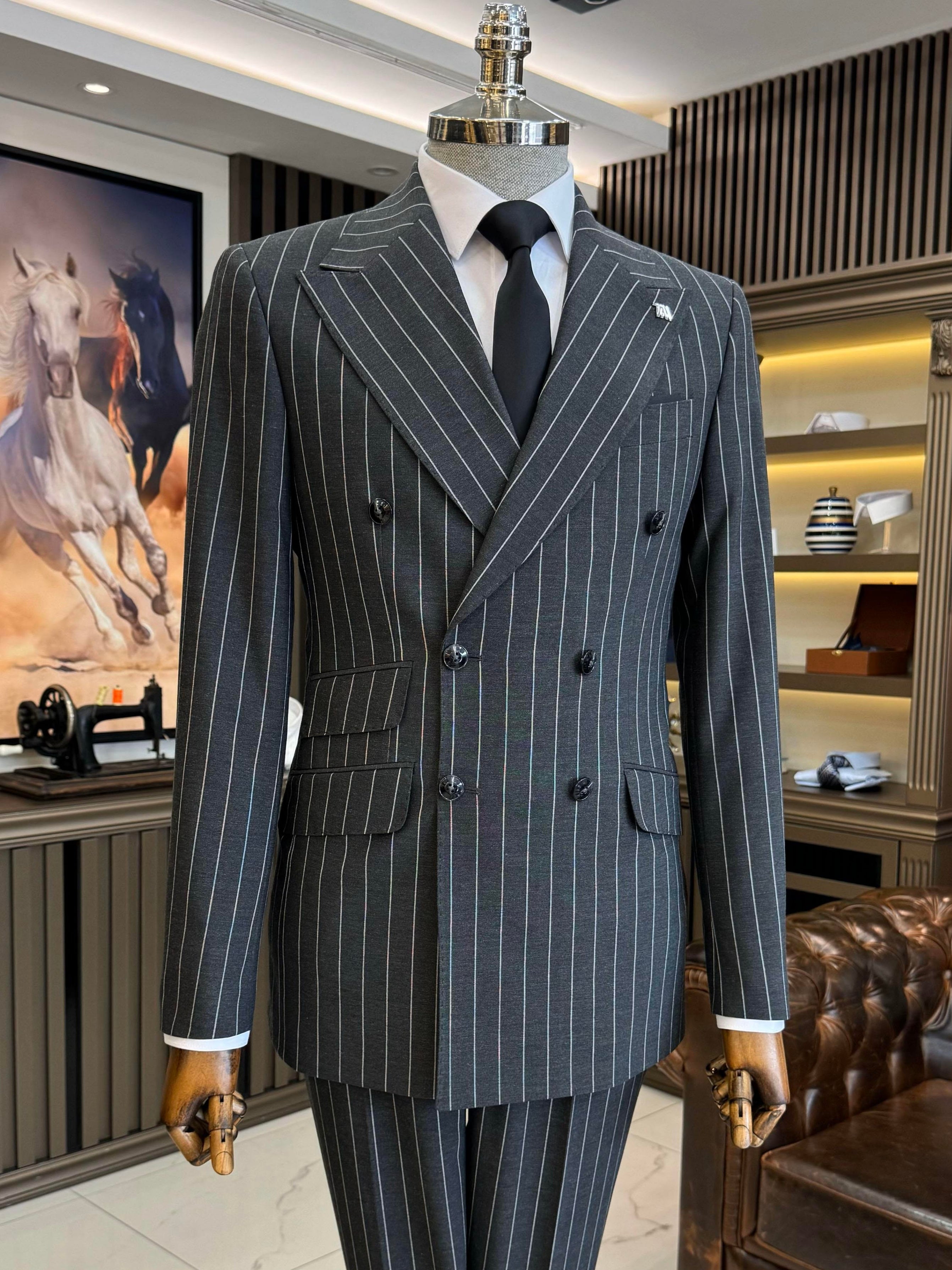 Grey Striped Double Breasted Suit 2-Piece