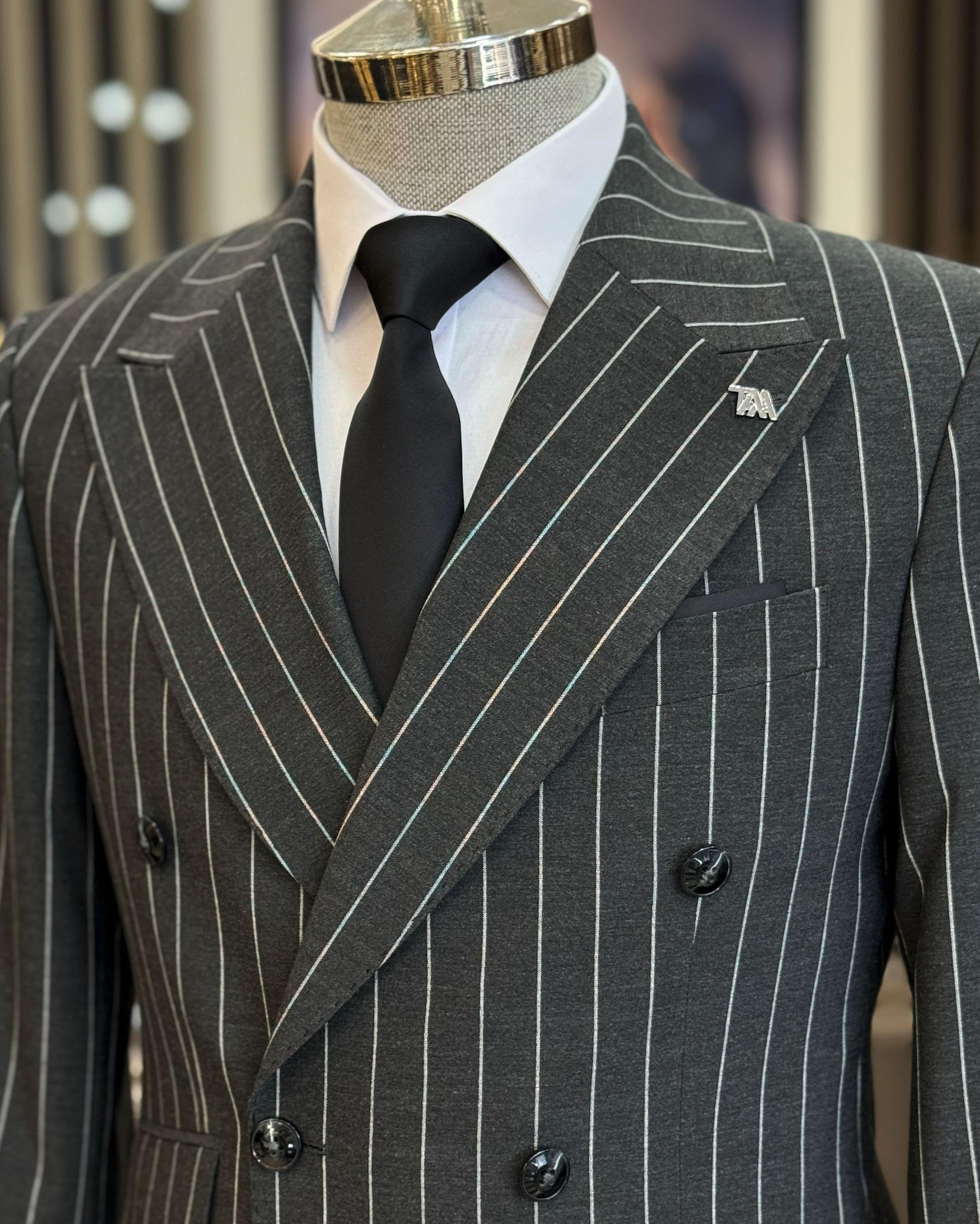 Grey Striped Double Breasted Suit 2-Piece