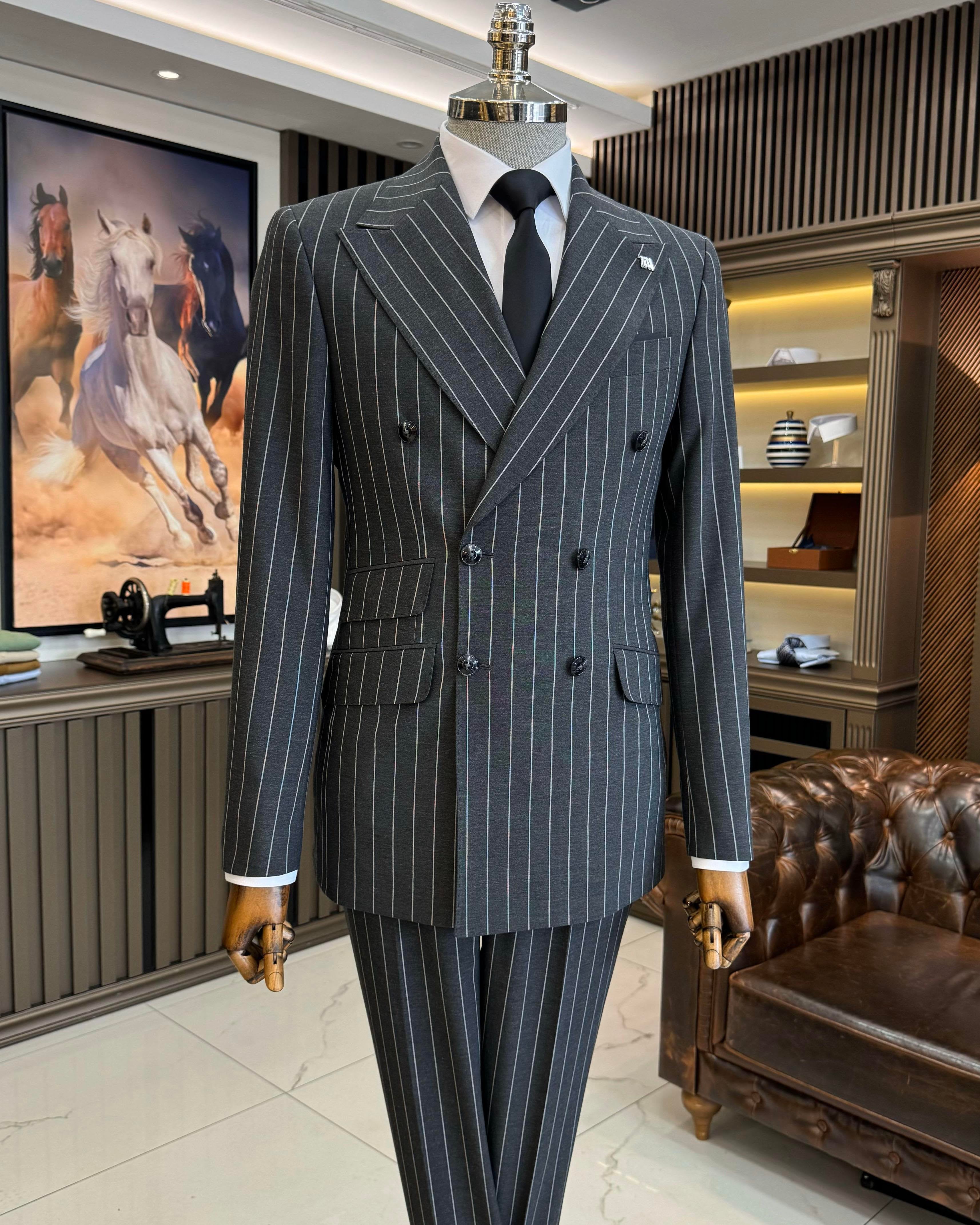 Grey Striped Double Breasted Suit 2-Piece