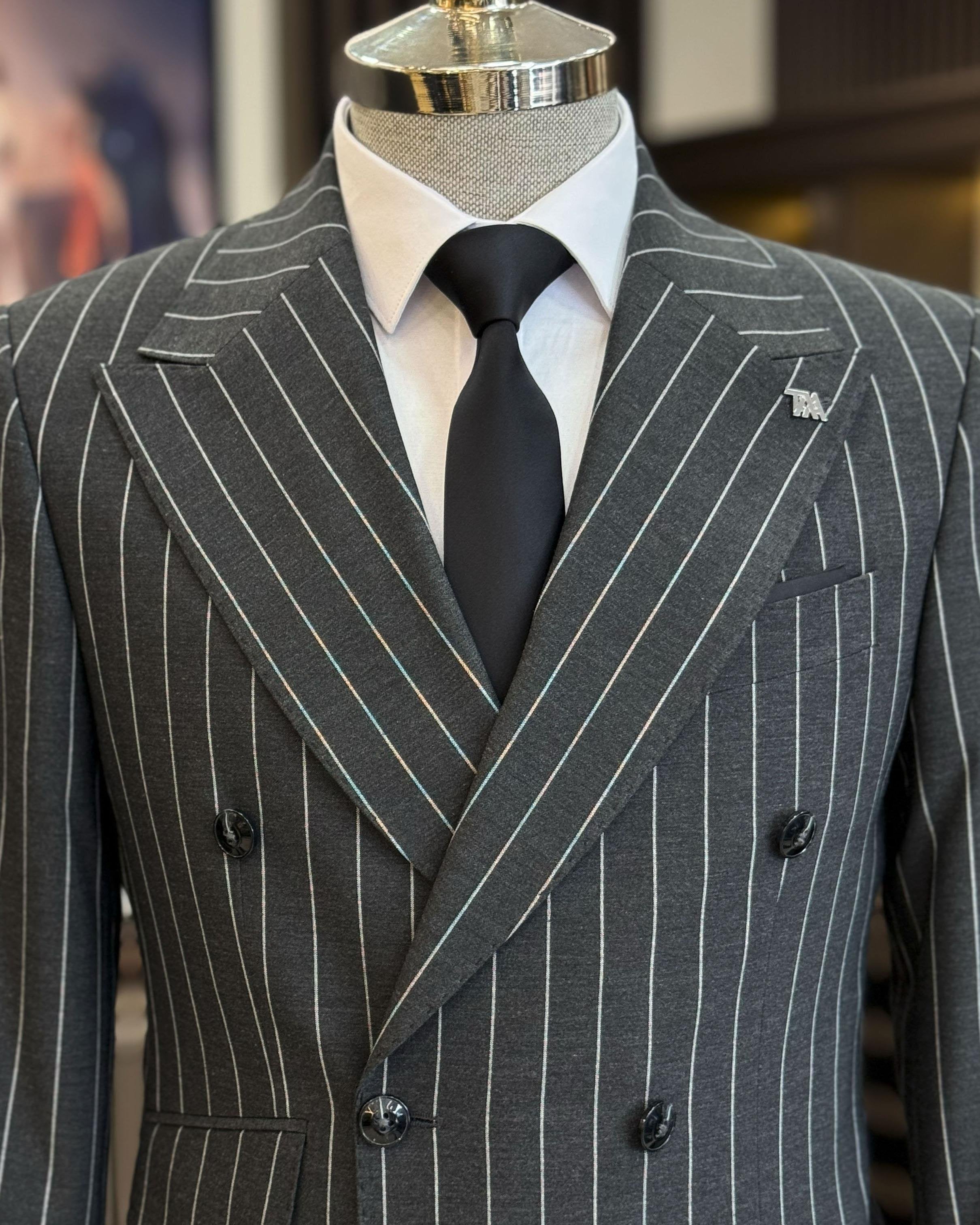 Grey Striped Double Breasted Suit 2-Piece