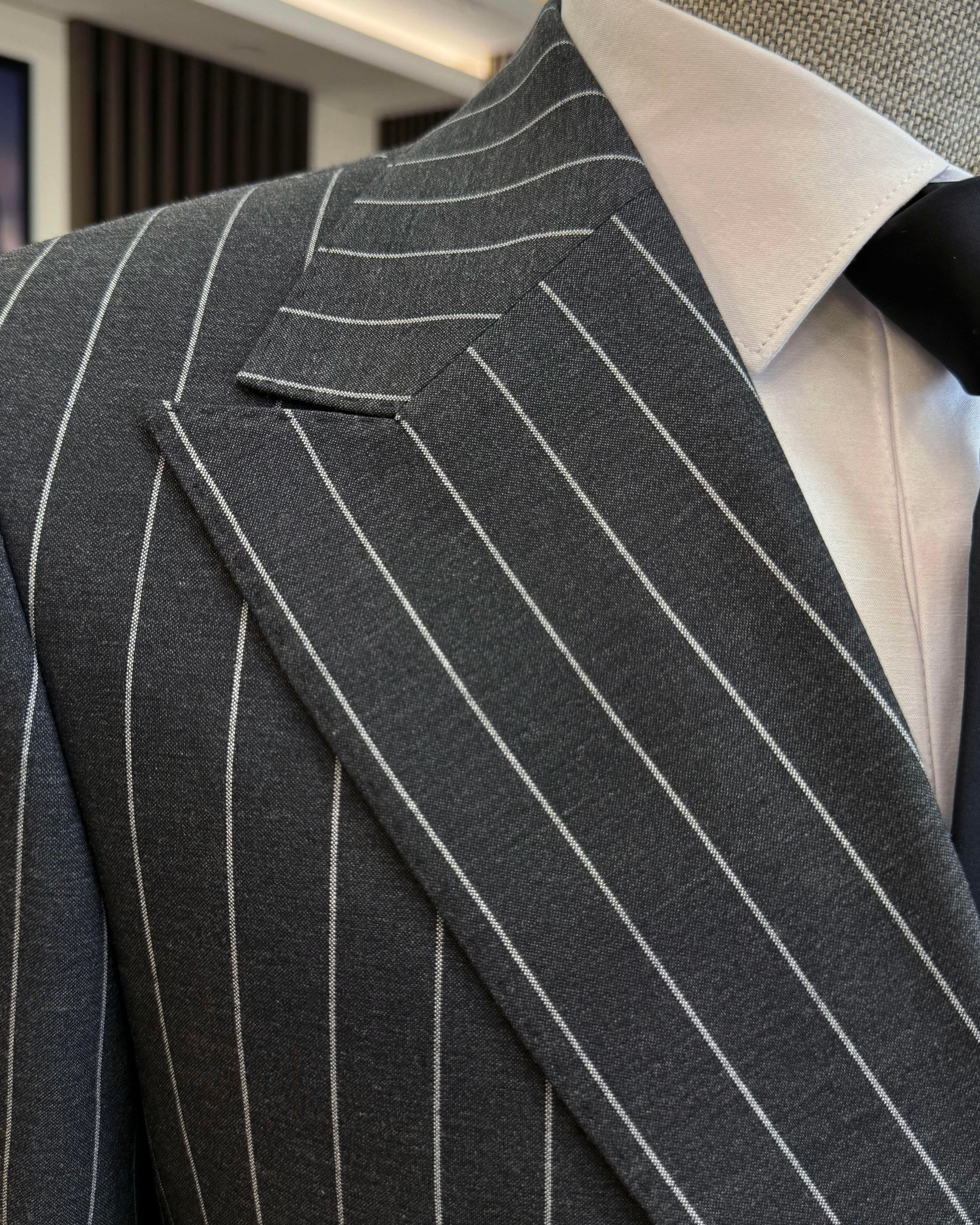 Grey Striped Double Breasted Suit 2-Piece