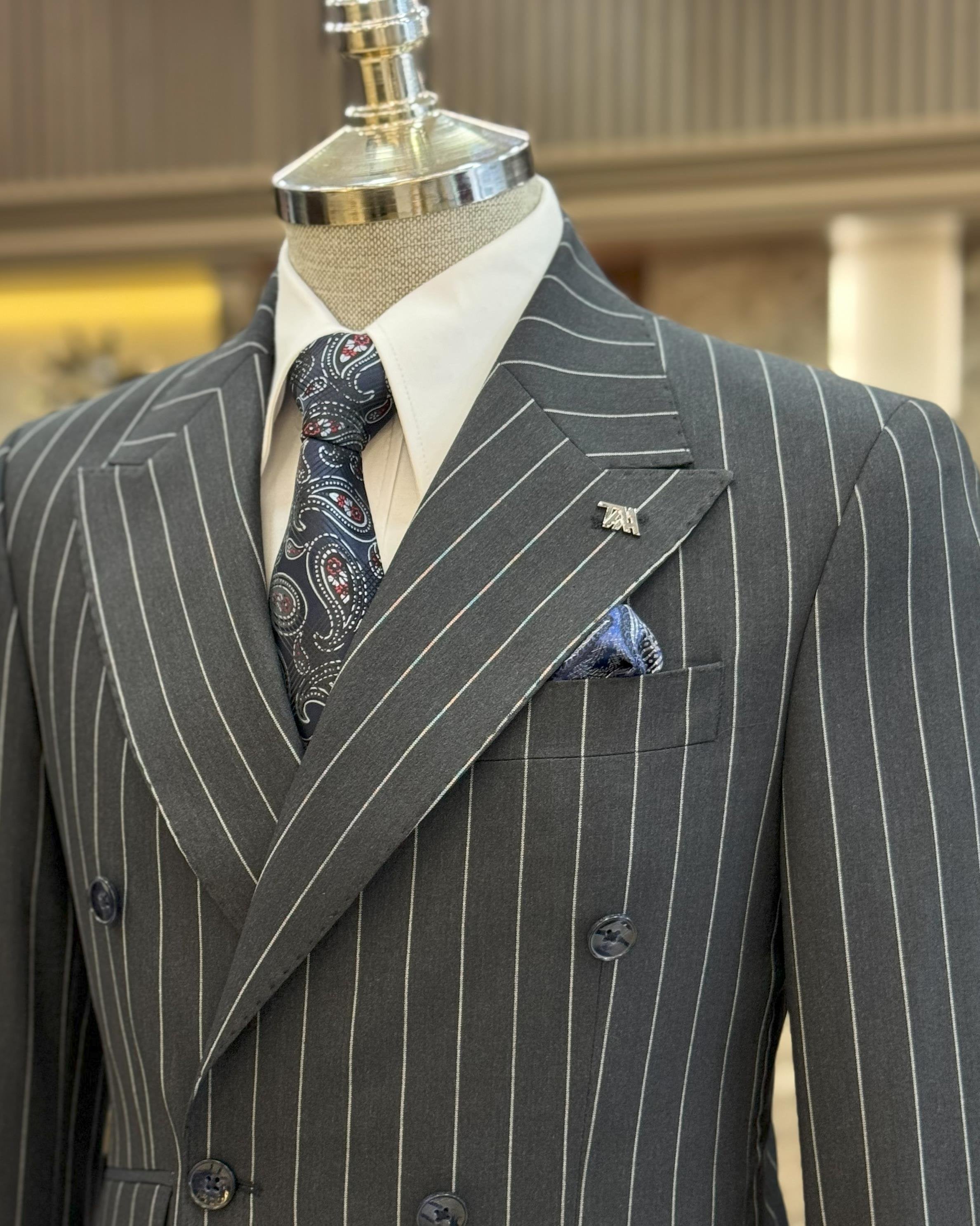 Grey Striped Double Breasted Suit 2-Piece