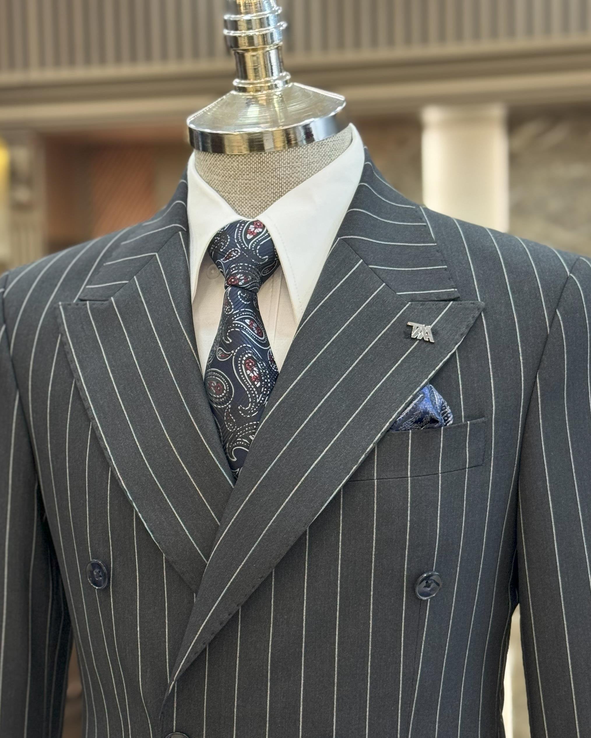 Grey Striped Double Breasted Suit 2-Piece