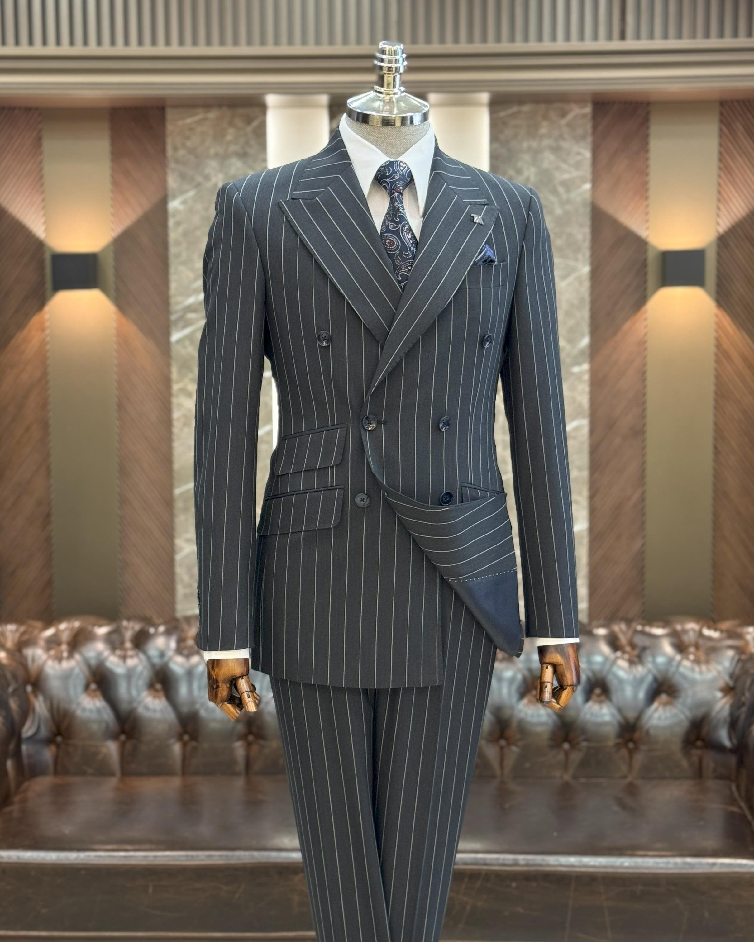 Grey Striped Double Breasted Suit 2-Piece