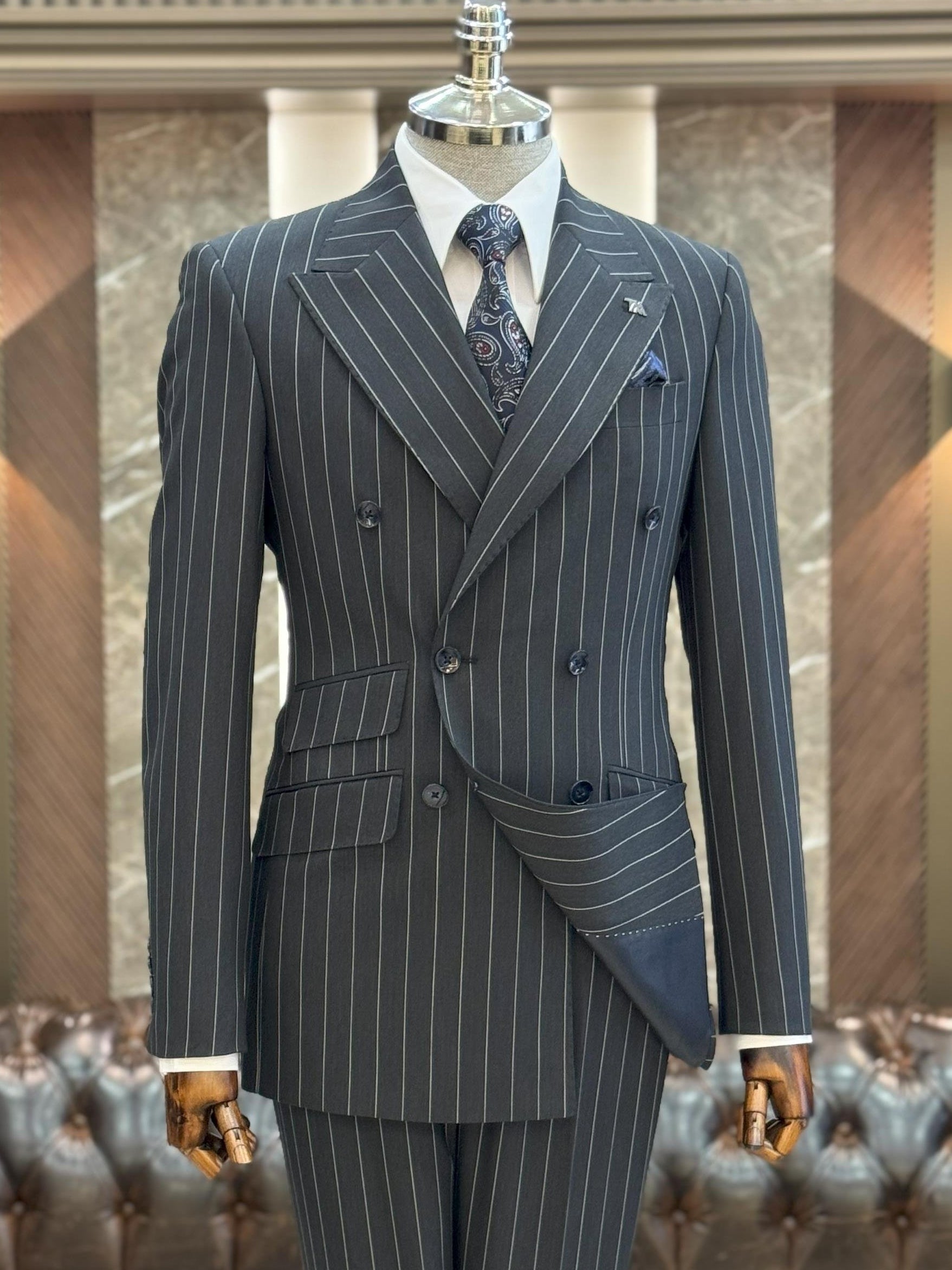 Grey Striped Double Breasted Suit 2-Piece