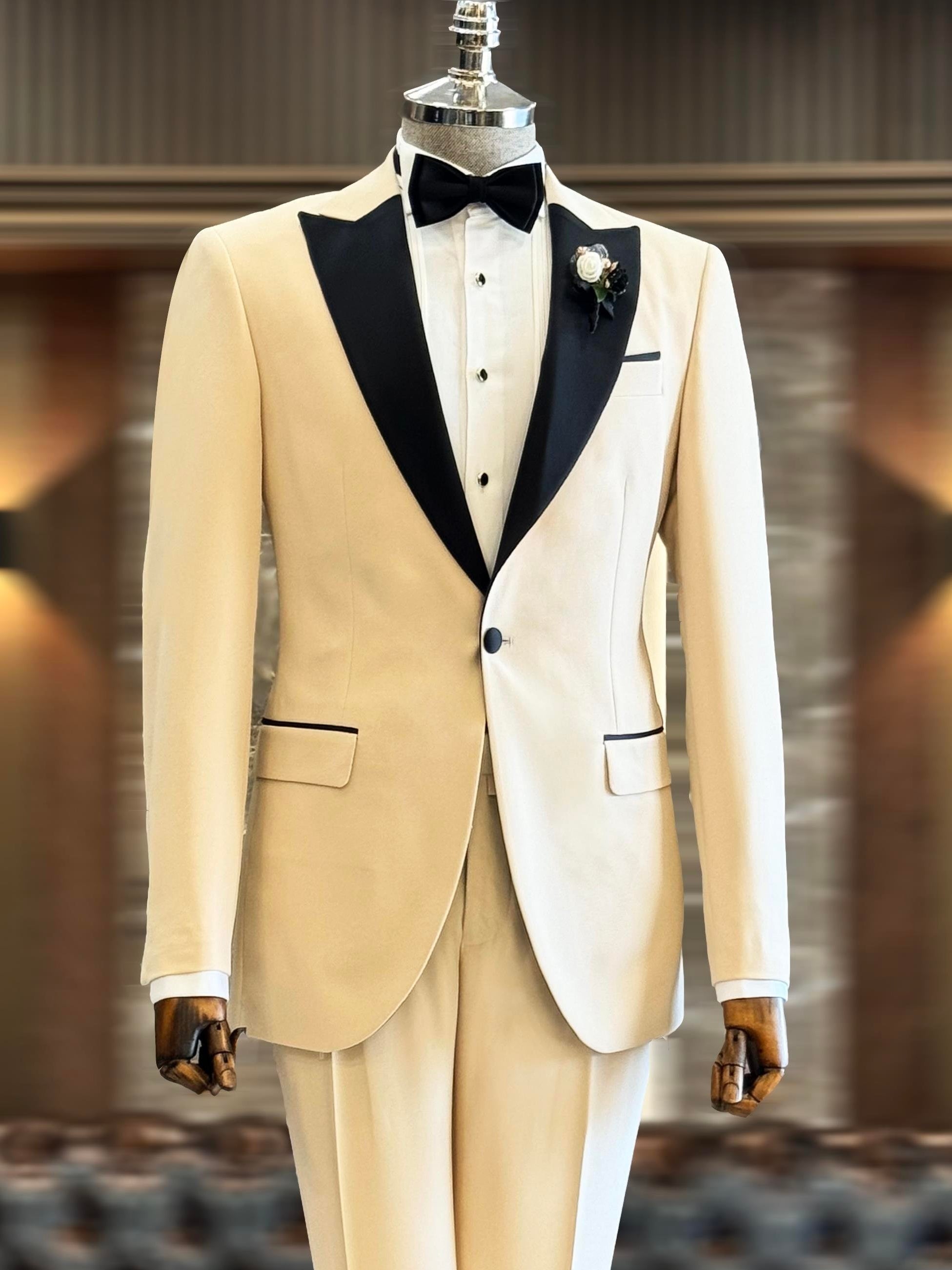 Beige Slim-Fit Tuxedo 2-Piece