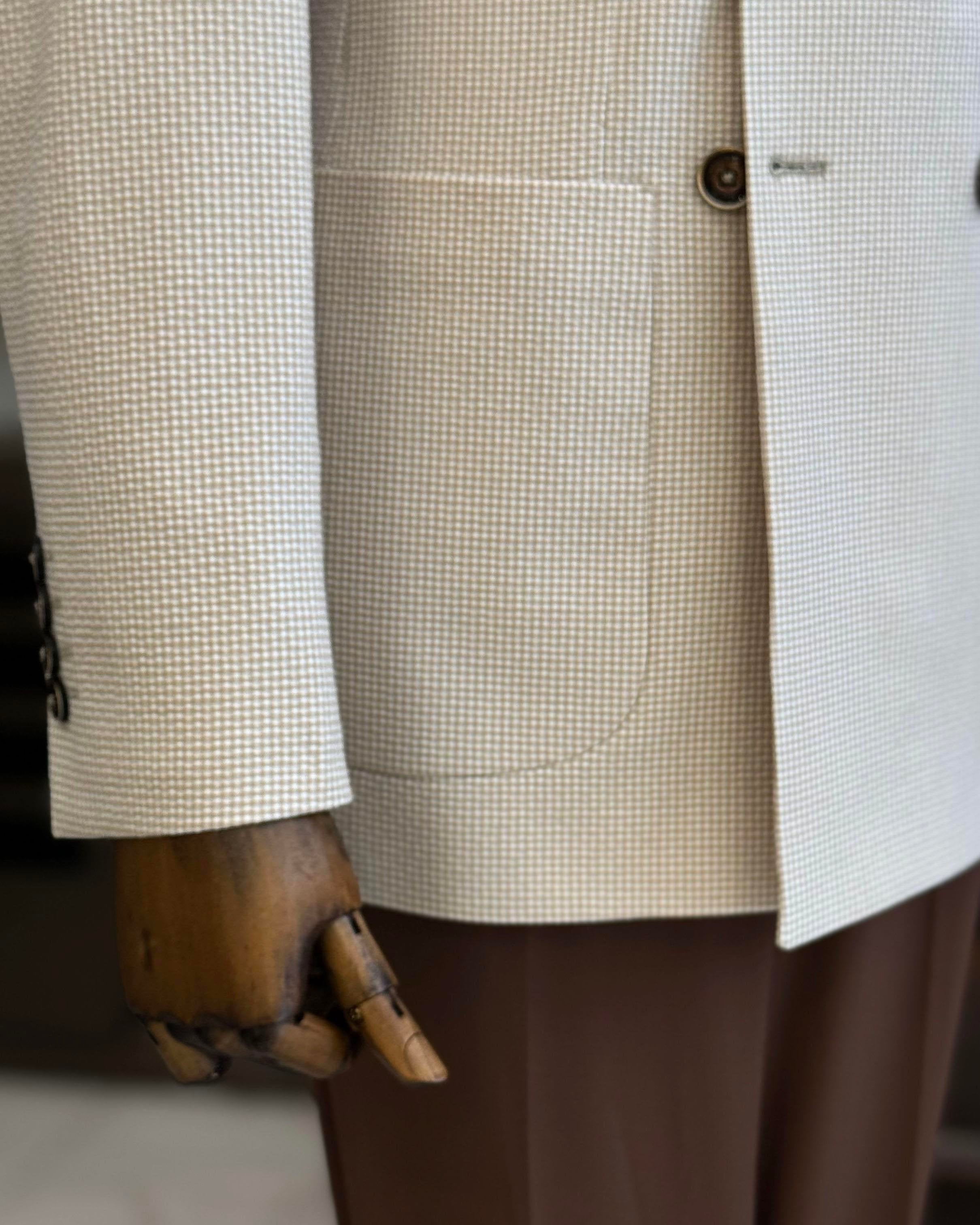 Beige Plaid Double Breasted Blazer