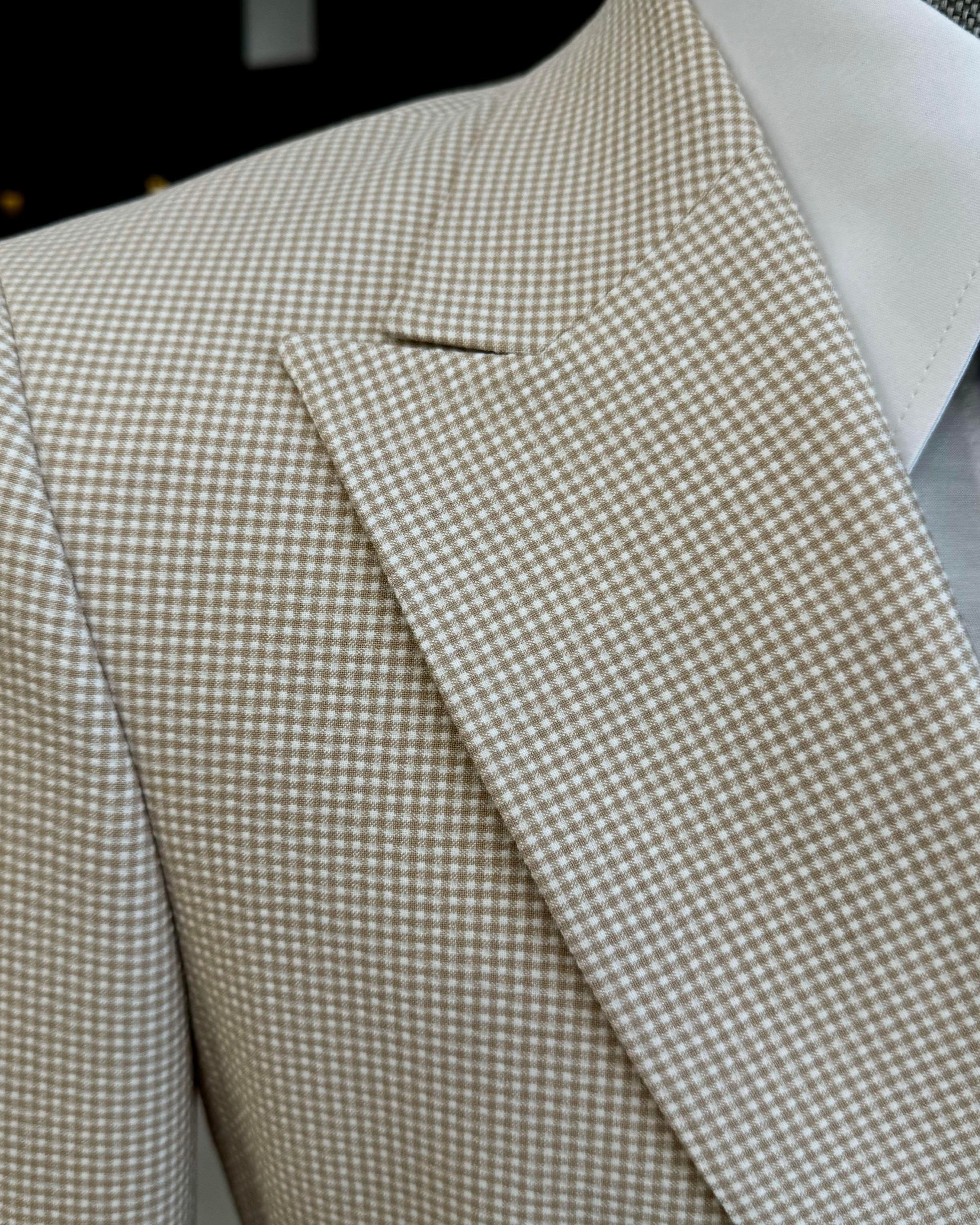 Beige Plaid Double Breasted Blazer