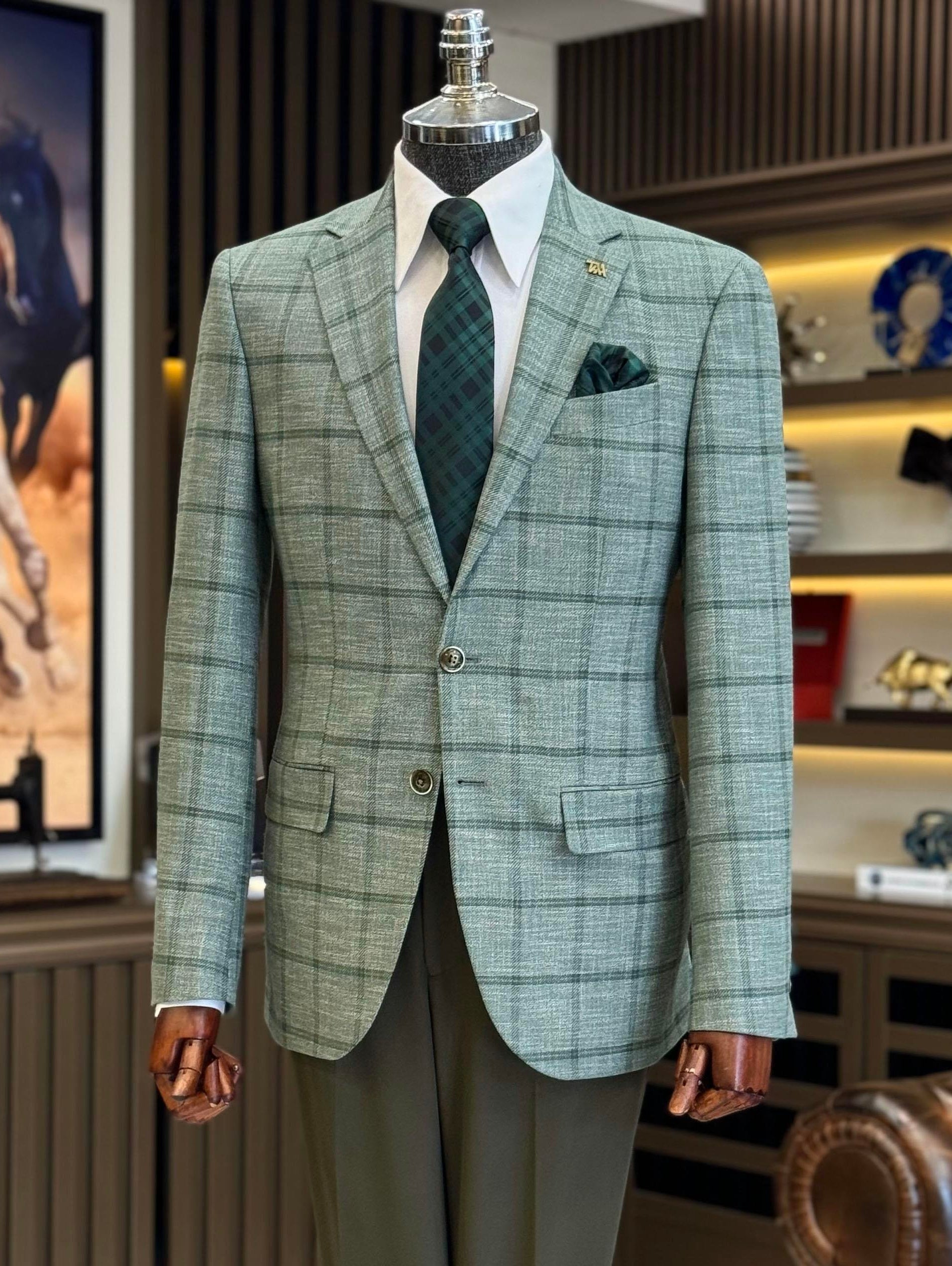 Green Plaid Single Breasted Blazer