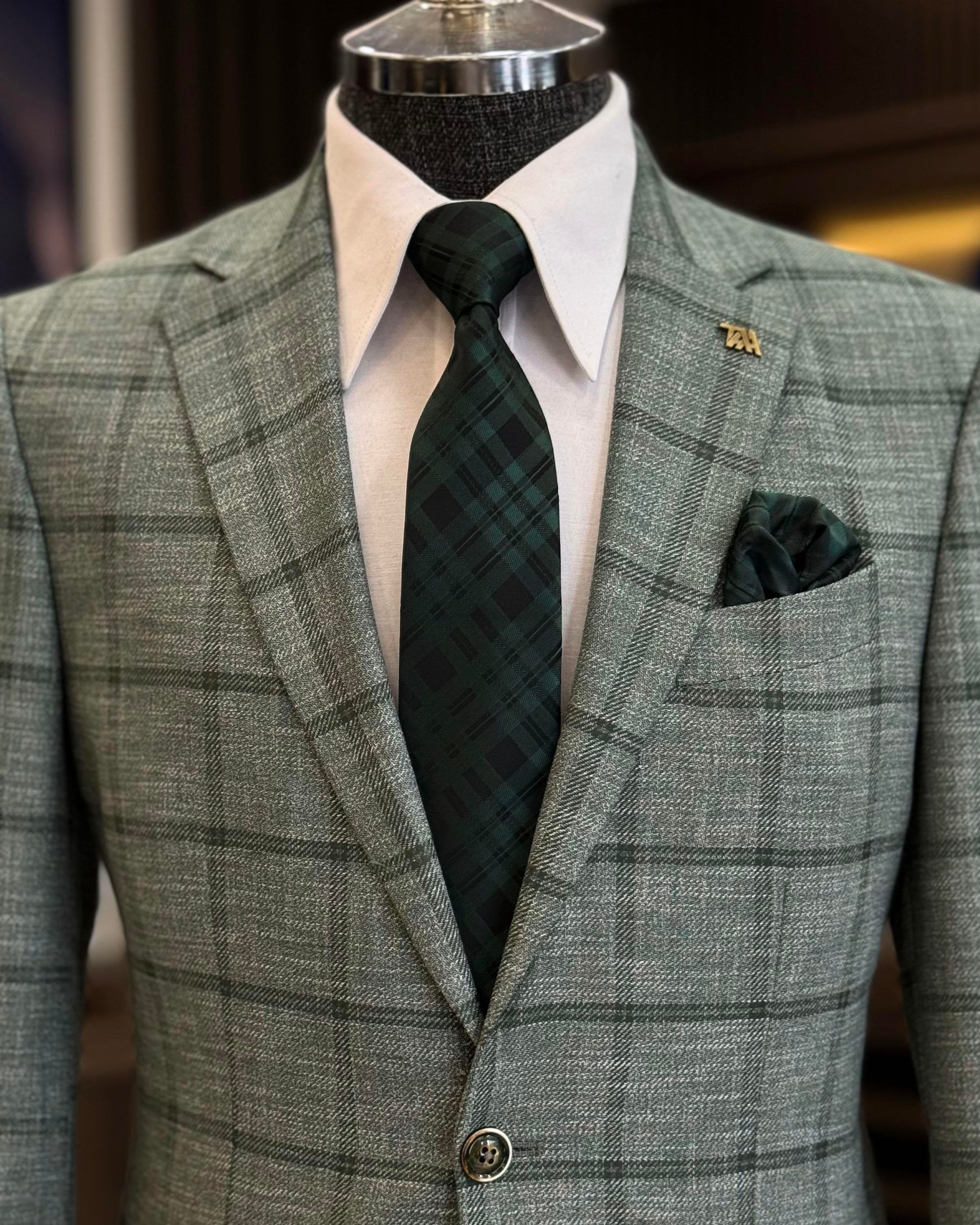 Green Plaid Single Breasted Blazer