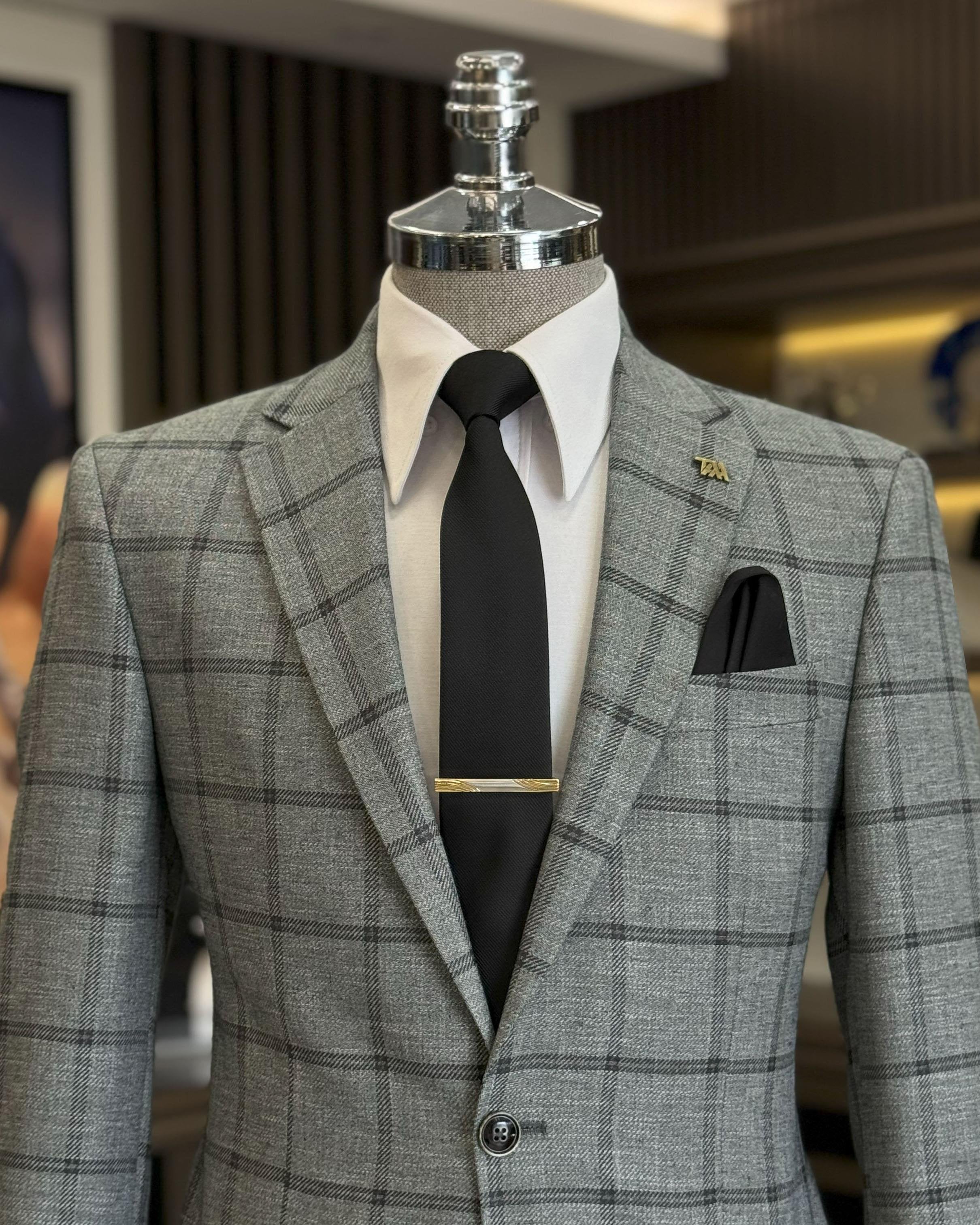 Grey Plaid Single Breasted Blazer