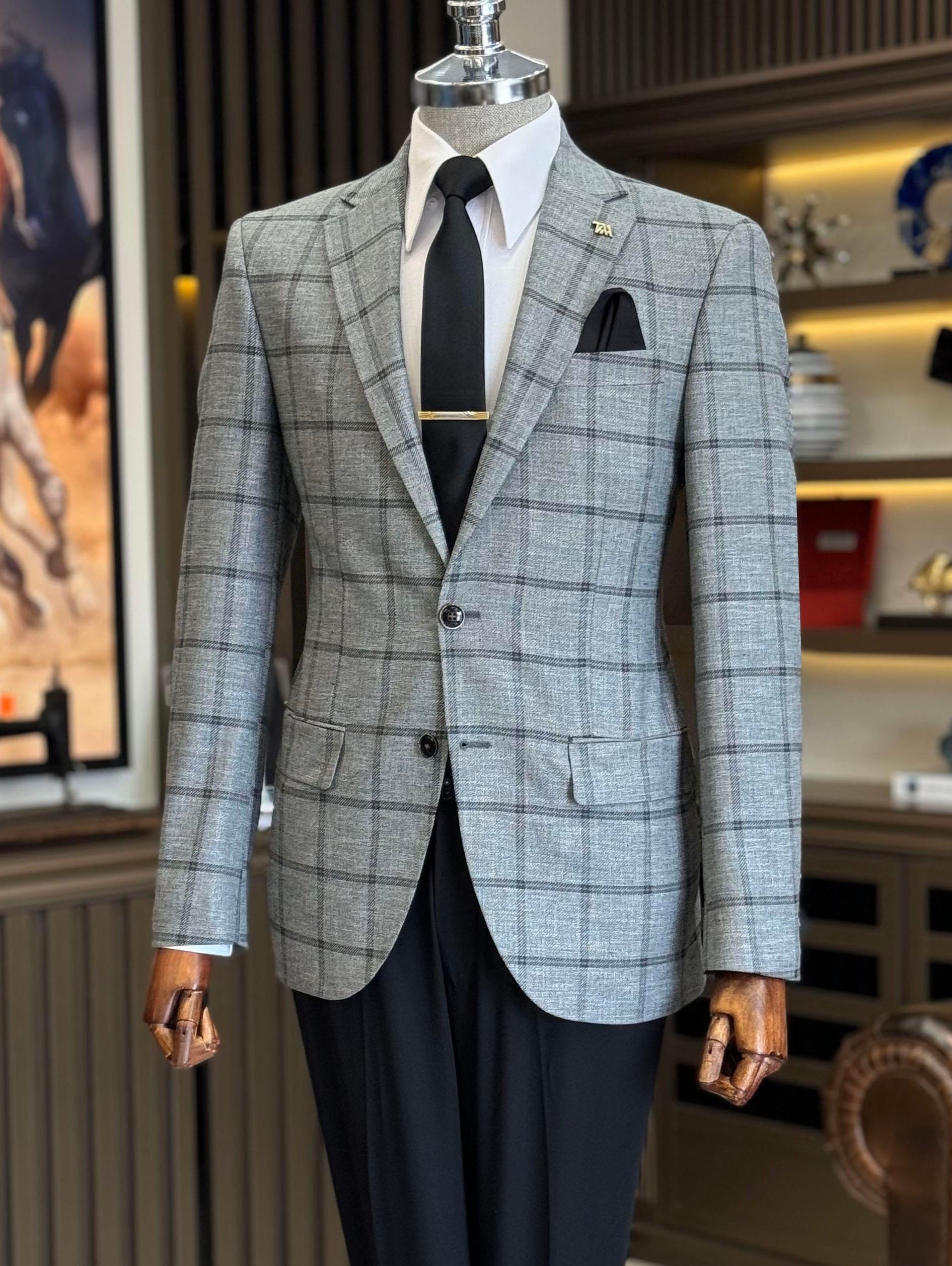 Grey Plaid Single Breasted Blazer