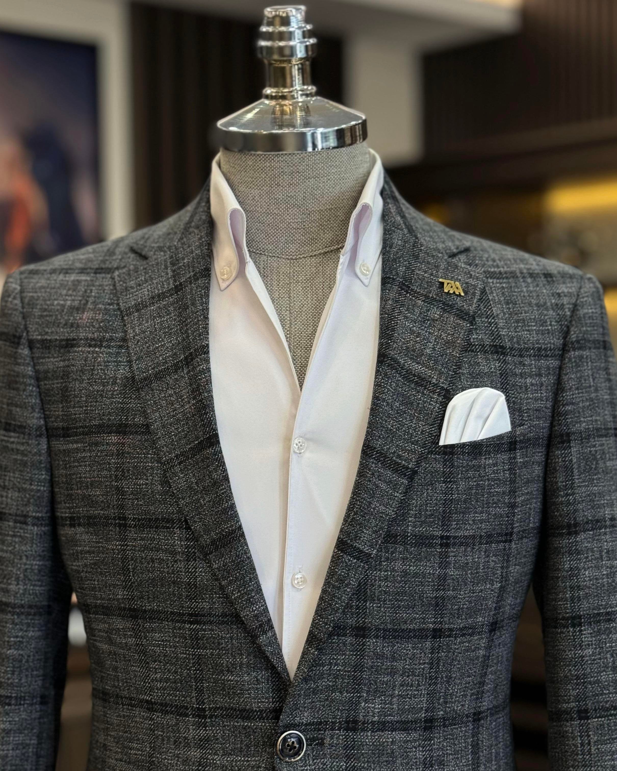 Grey Plaid Single Breasted Blazer