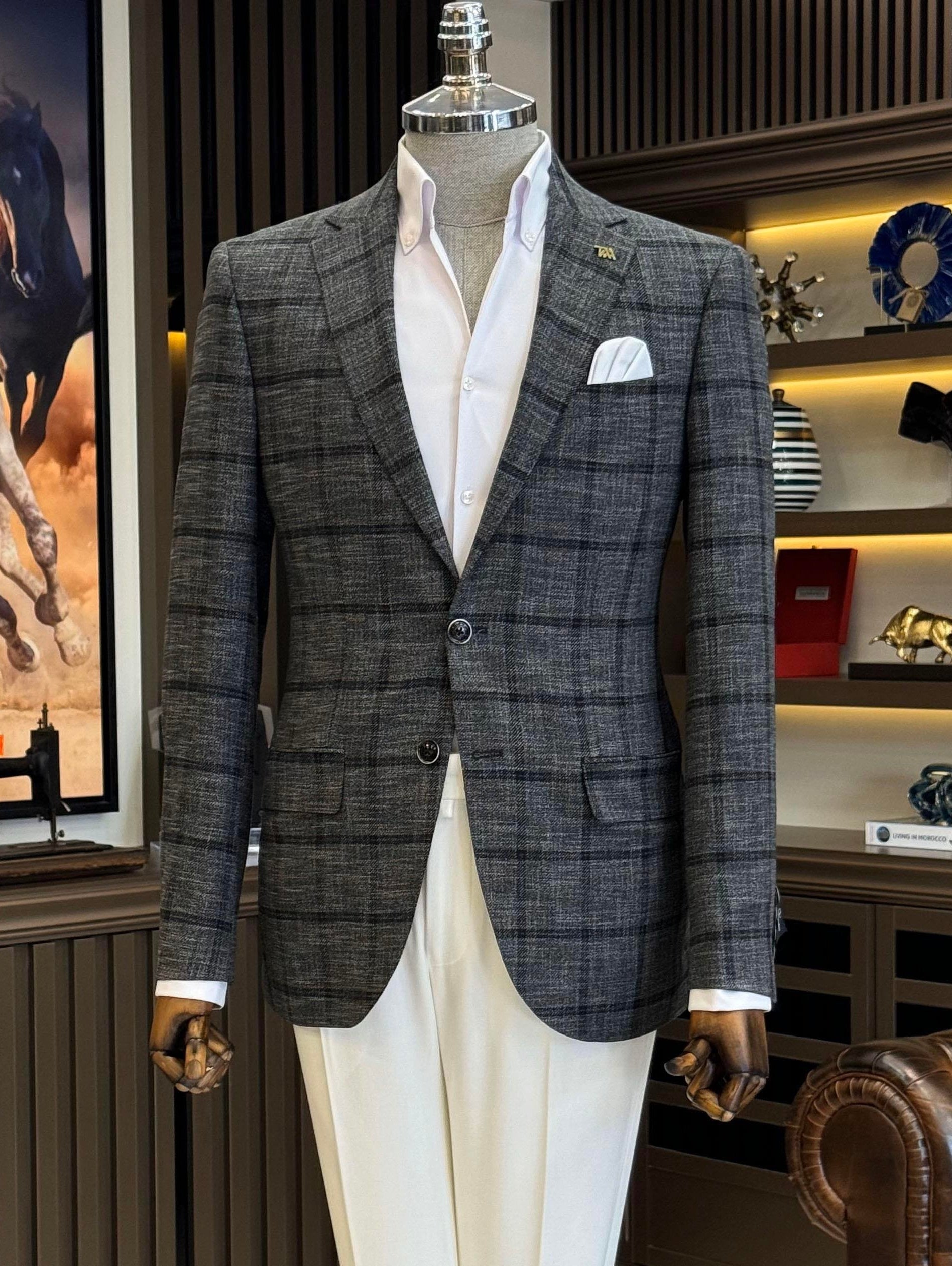 Grey Plaid Single Breasted Blazer