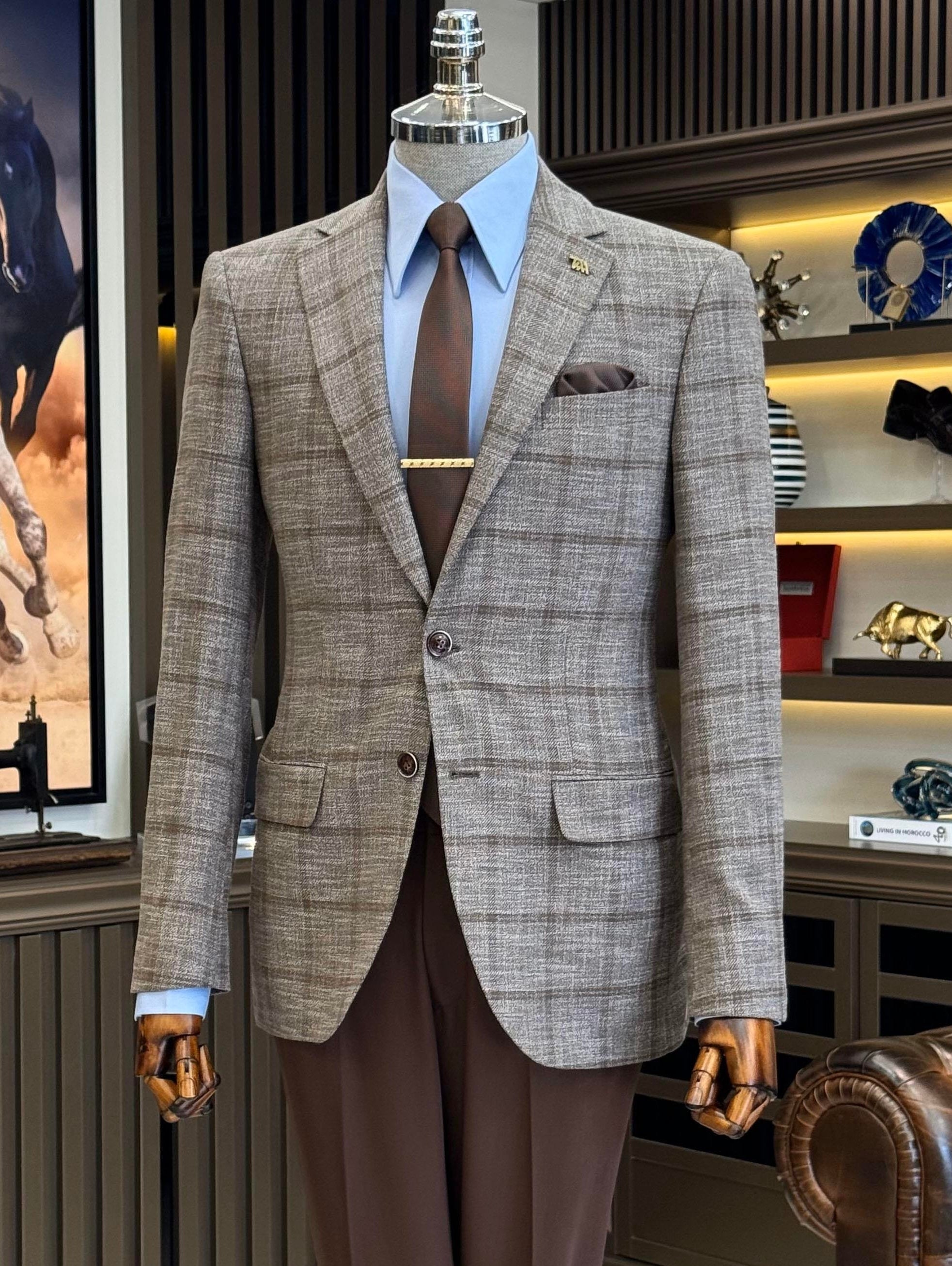 Brown Plaid Single Breasted Blazer