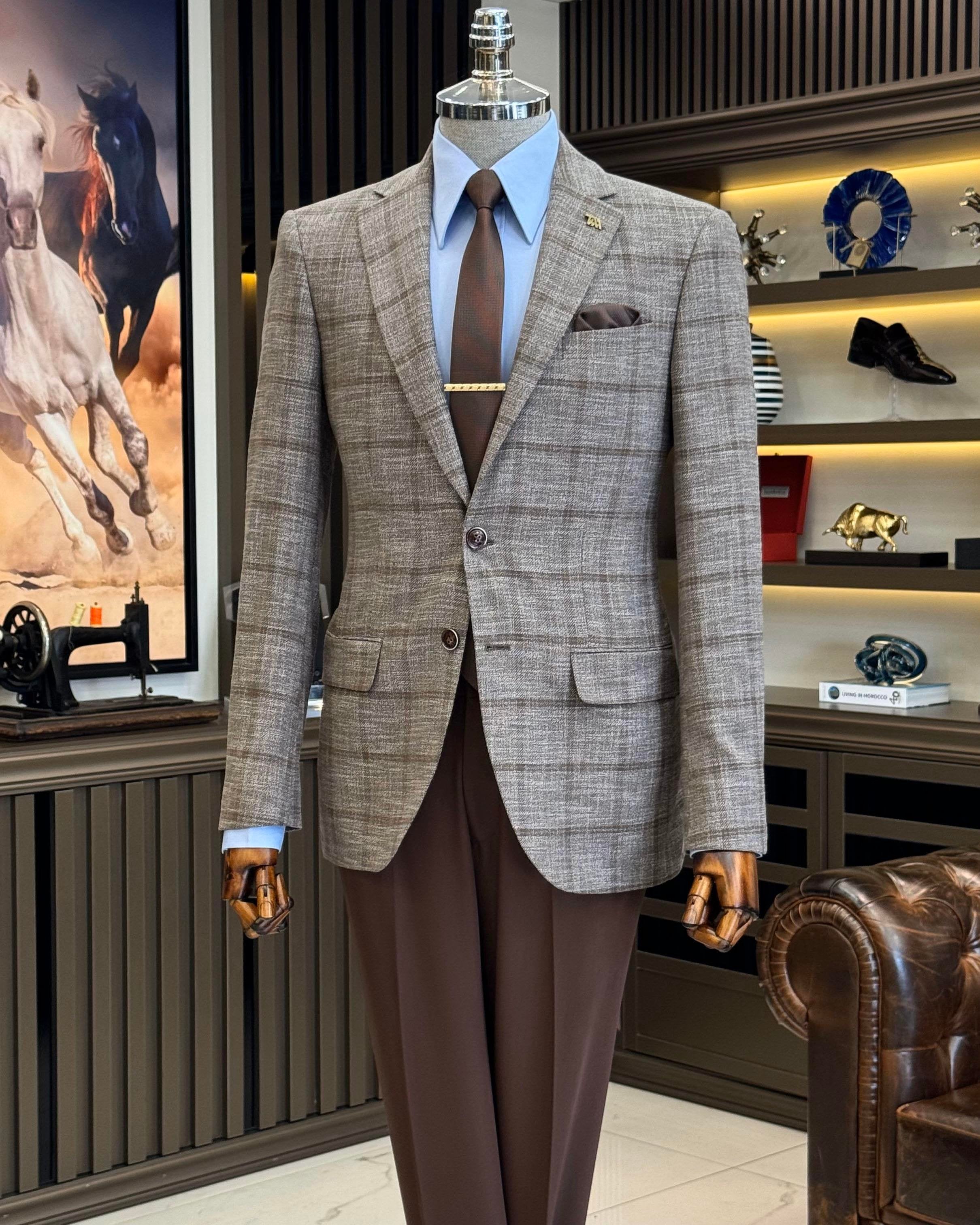 Brown Plaid Single Breasted Blazer