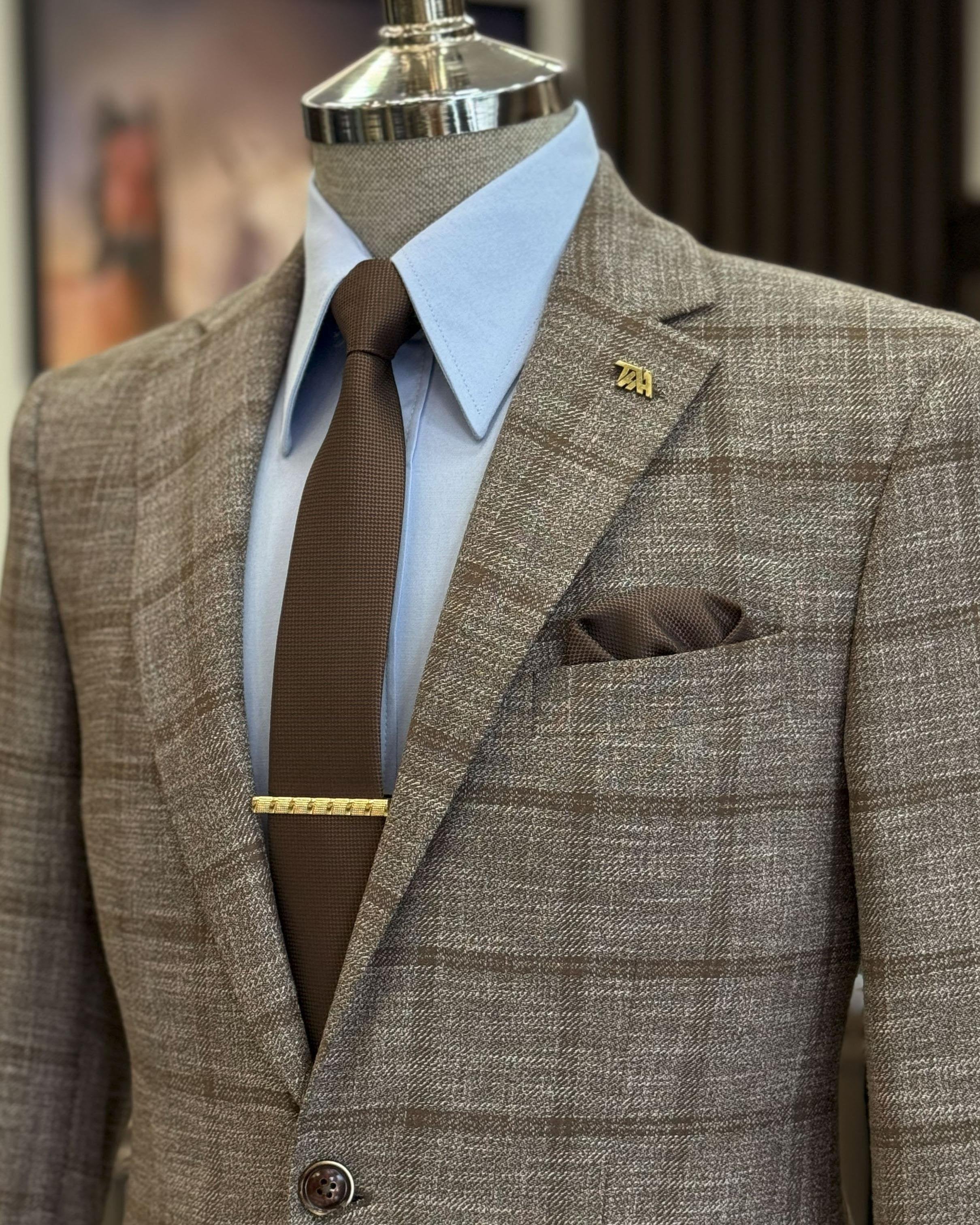 Brown Plaid Single Breasted Blazer