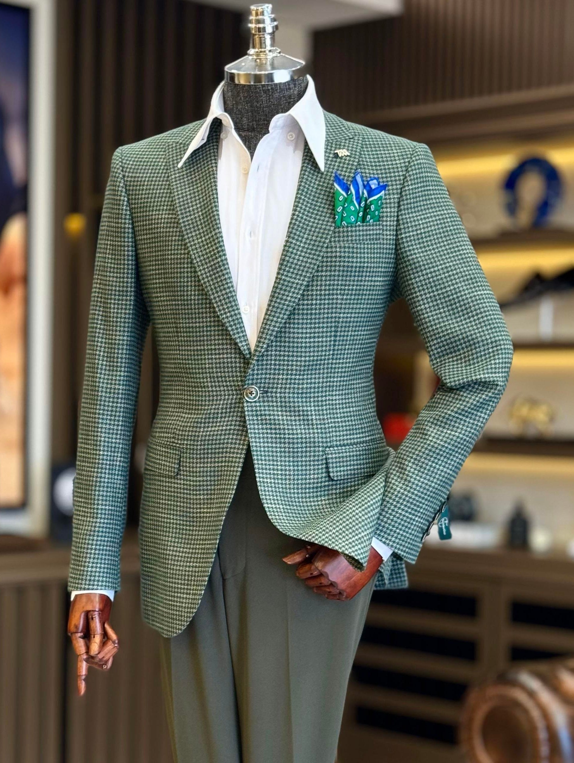 Green Plaid Single Breasted Blazer