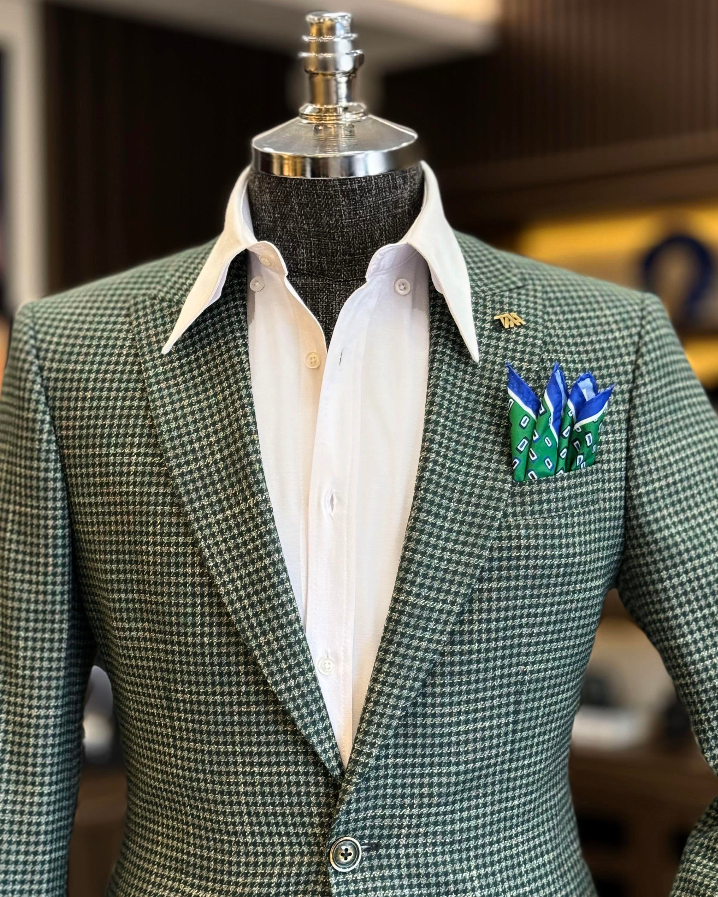 Green Plaid Single Breasted Blazer