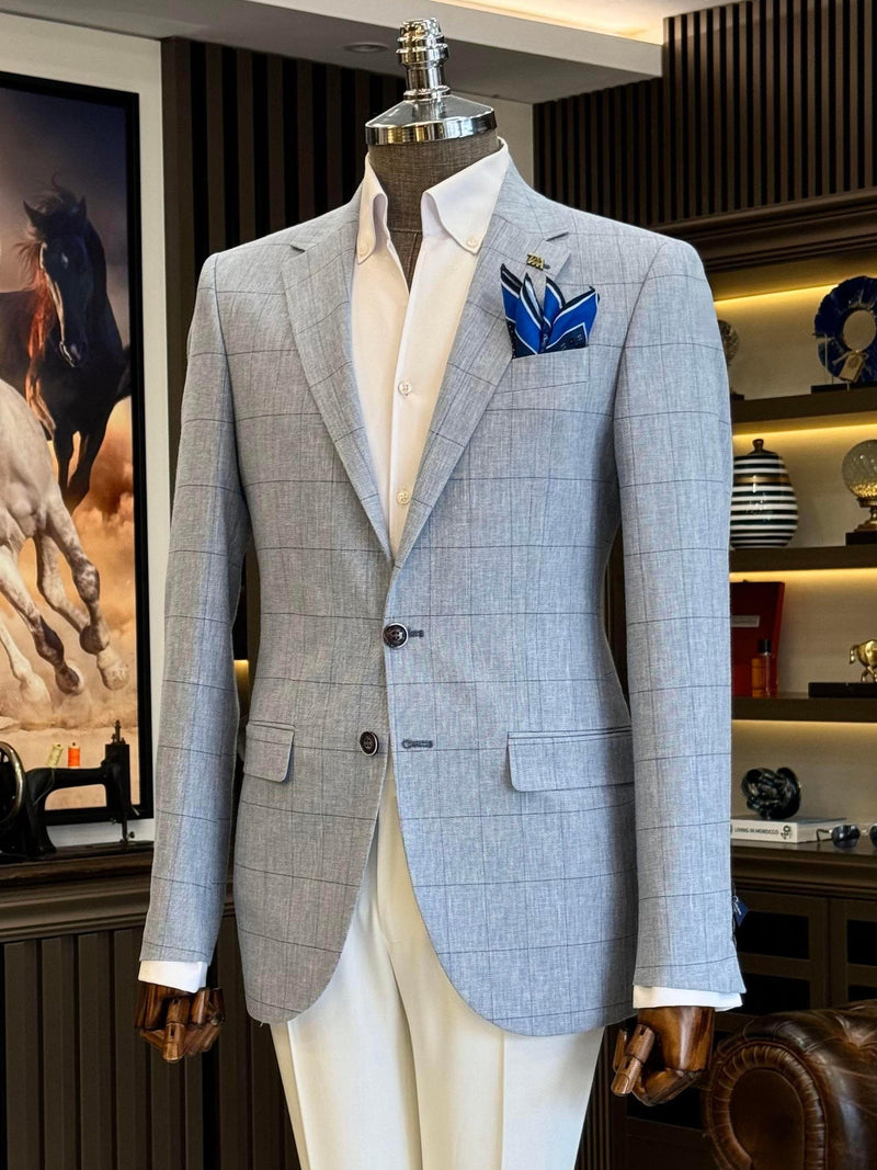Sky-Blue Plaid Single Breasted Blazer