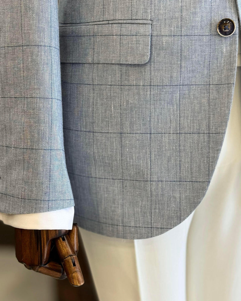 Sky-Blue Plaid Single Breasted Blazer