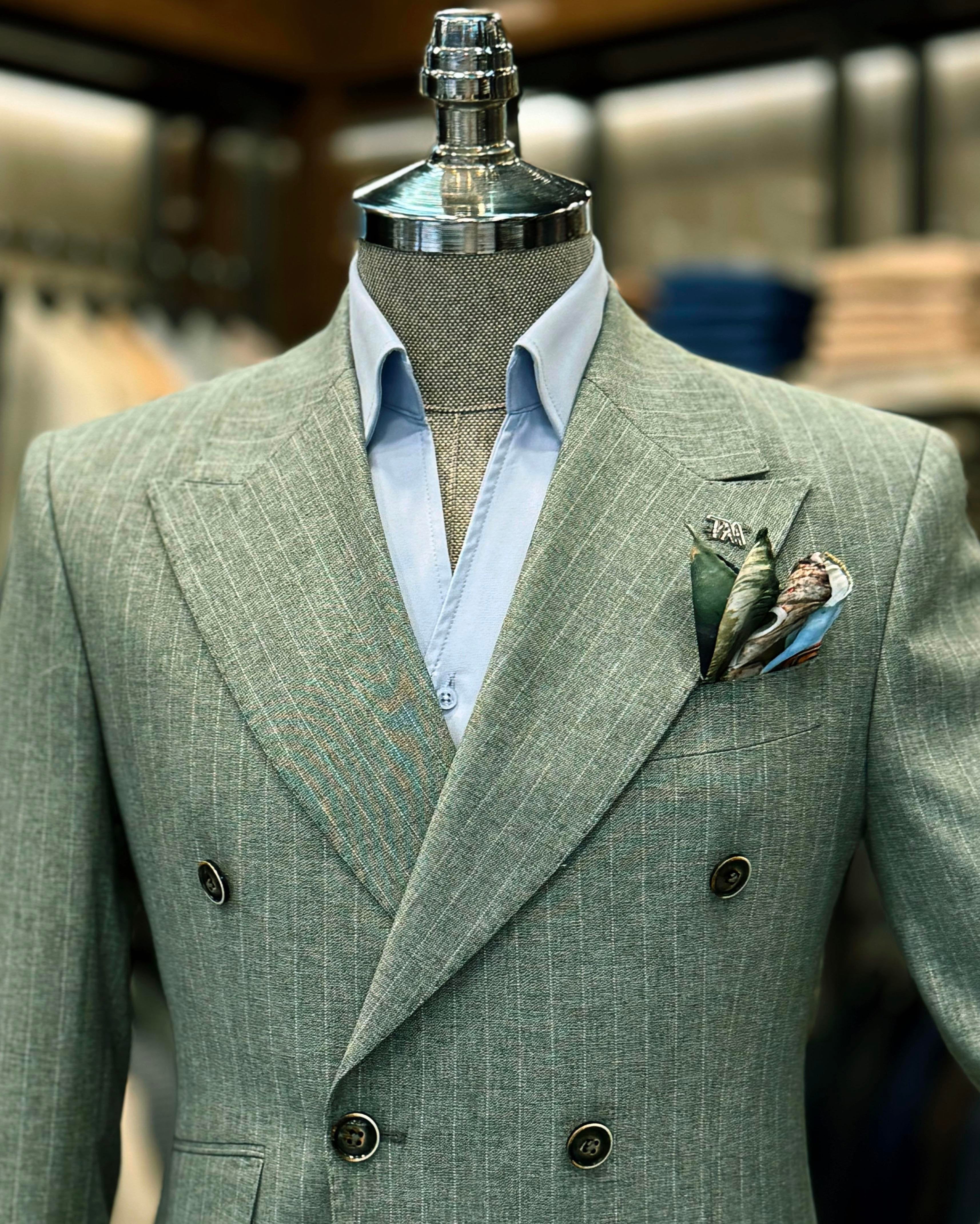 Green Striped Double Breasted Suit 2-Piece