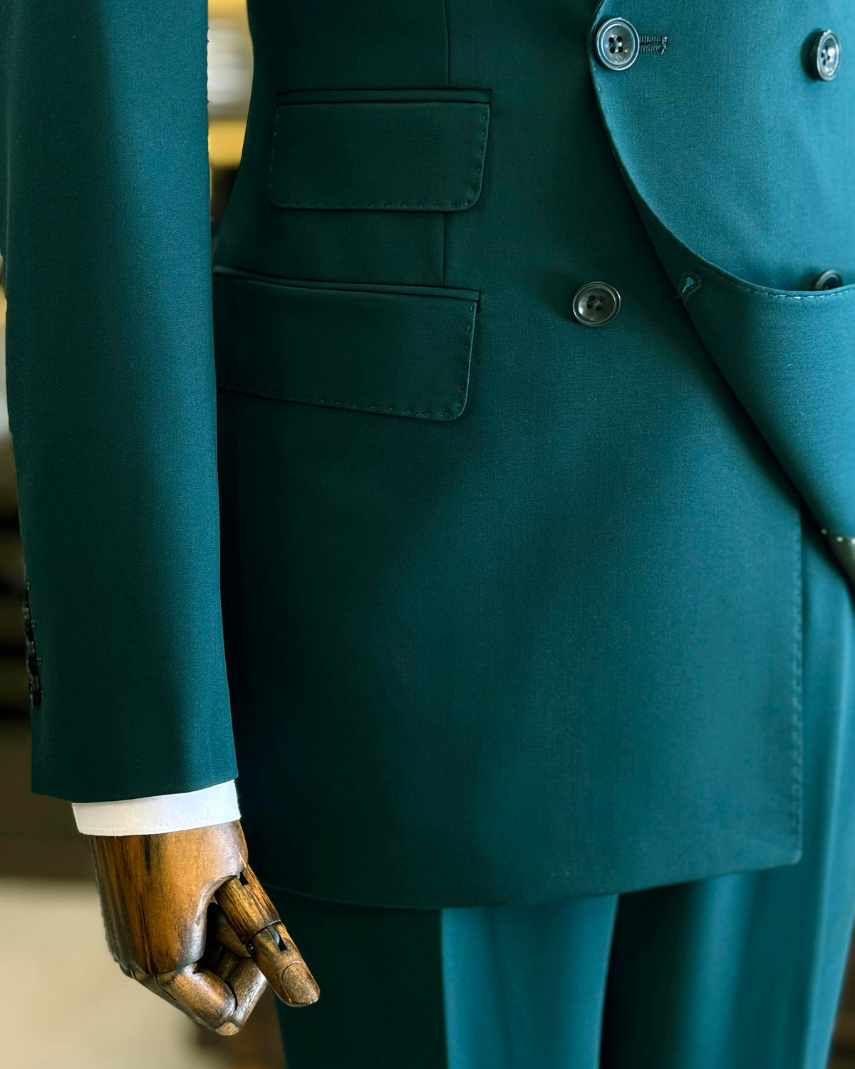 VIOSSI green tuxedo double breasted 2-piece suit front view with peak lapels and tailored fit