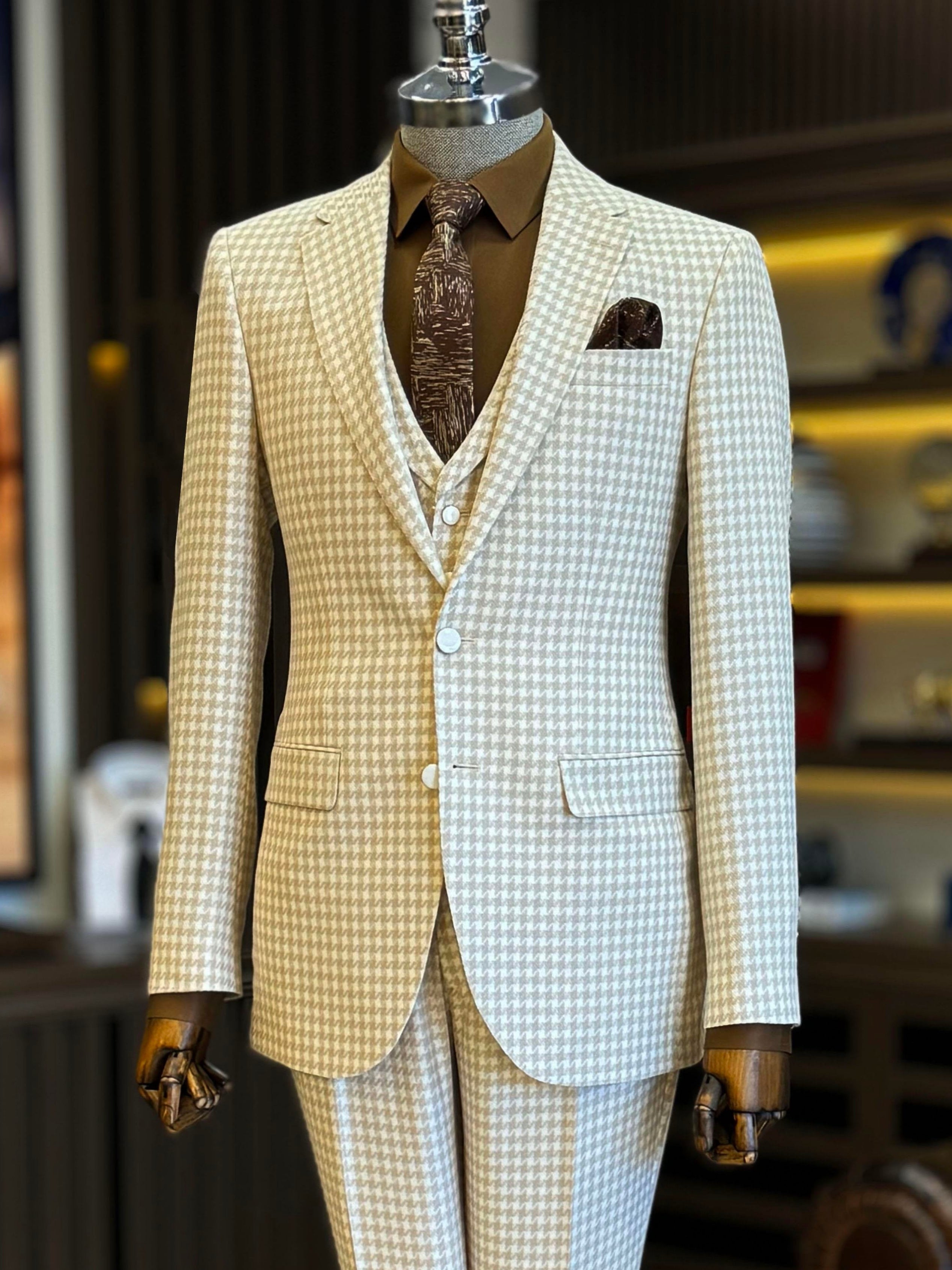 Beige Plaid Slim-Fit Suit 3-Piece