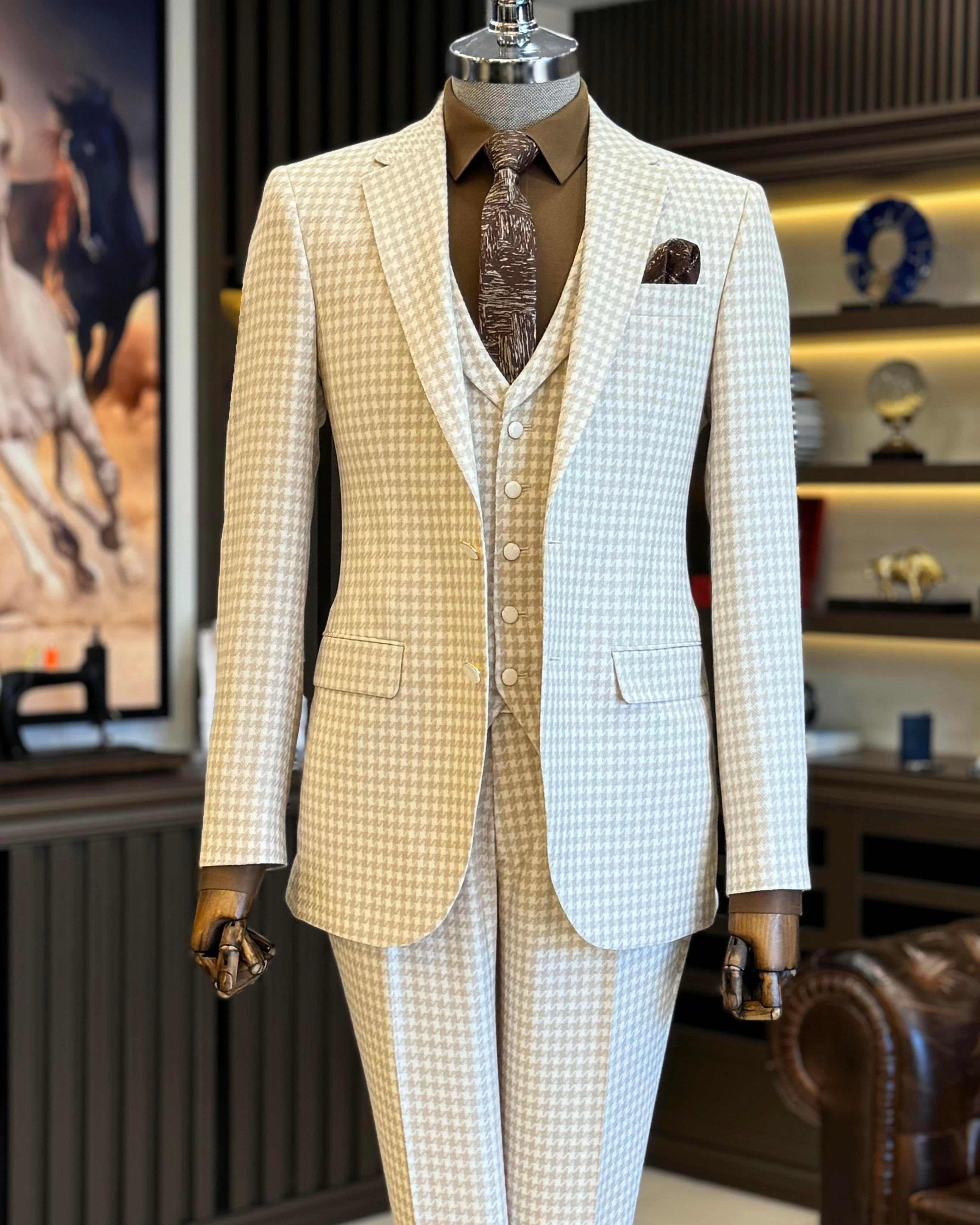 Beige Plaid Slim-Fit Suit 3-Piece