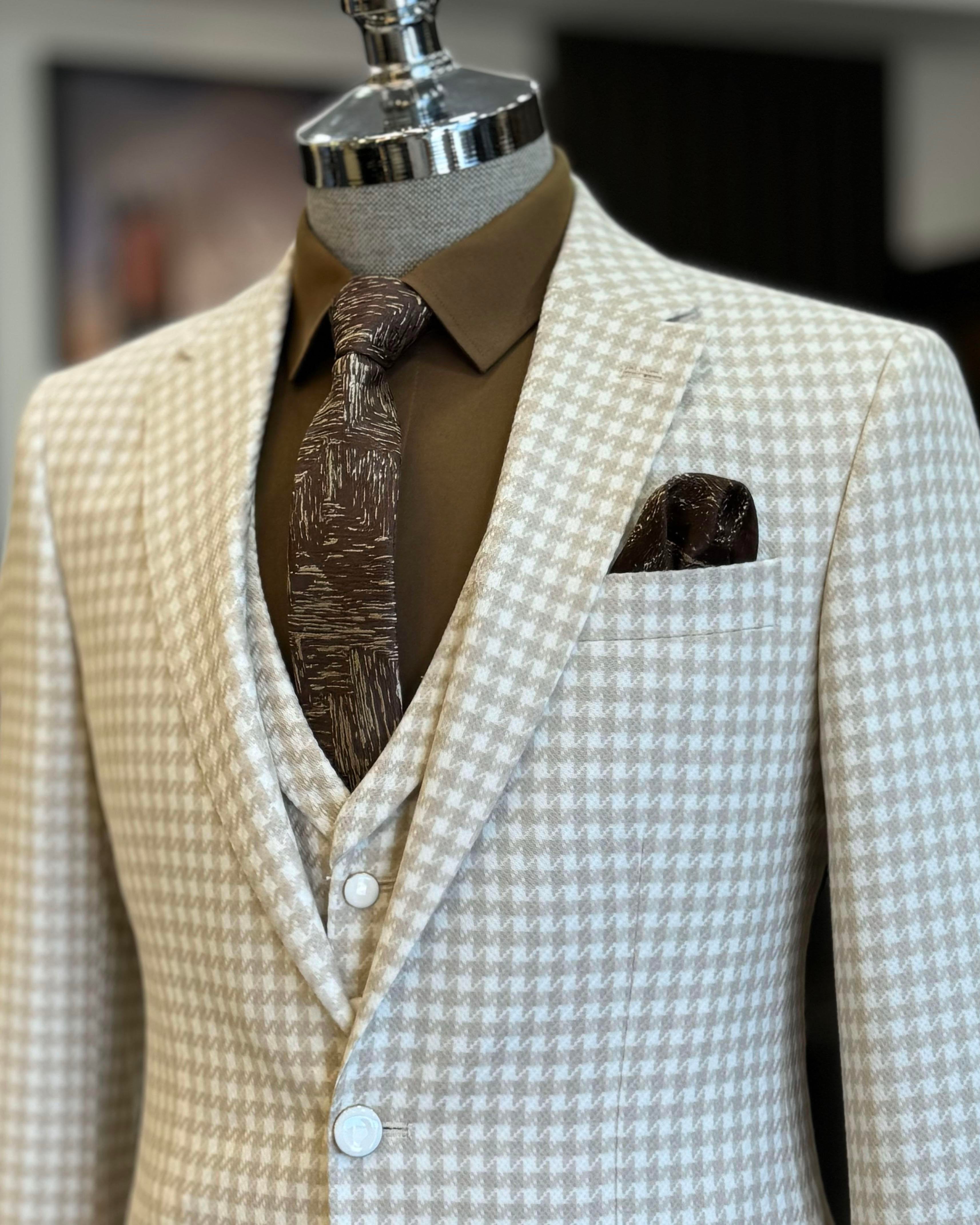 Beige Plaid Slim-Fit Suit 3-Piece