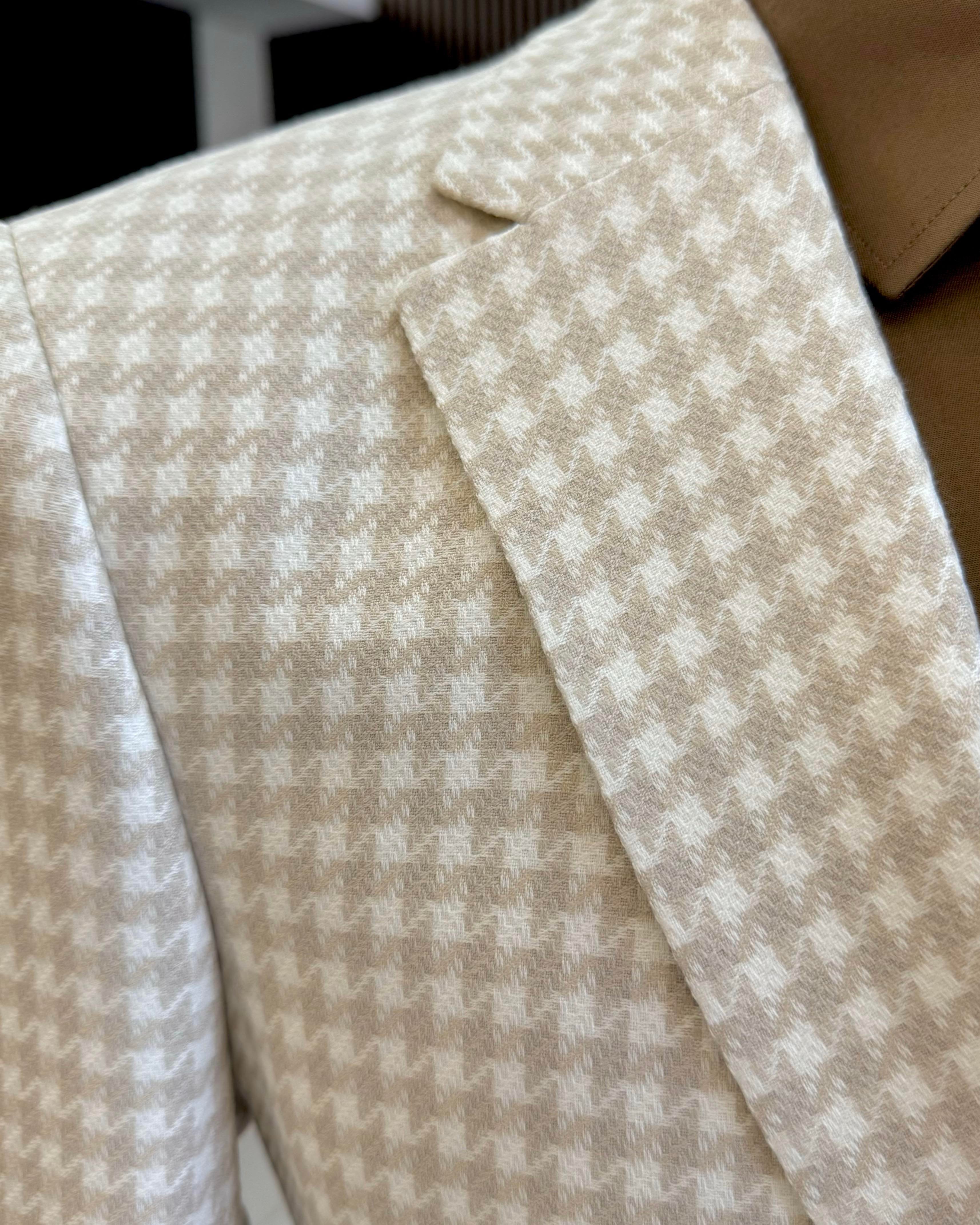 Beige Plaid Slim-Fit Suit 3-Piece