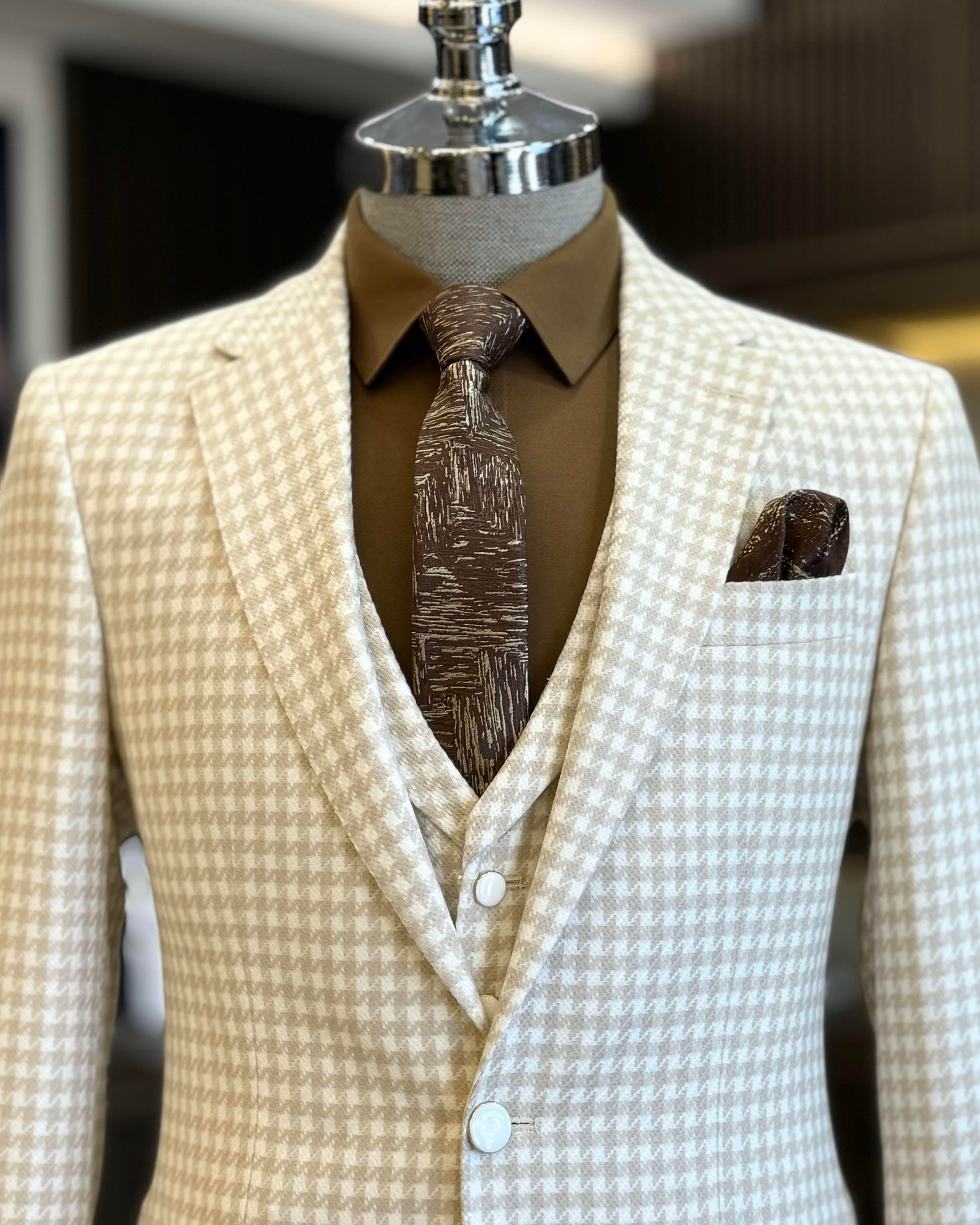 Beige Plaid Slim-Fit Suit 3-Piece