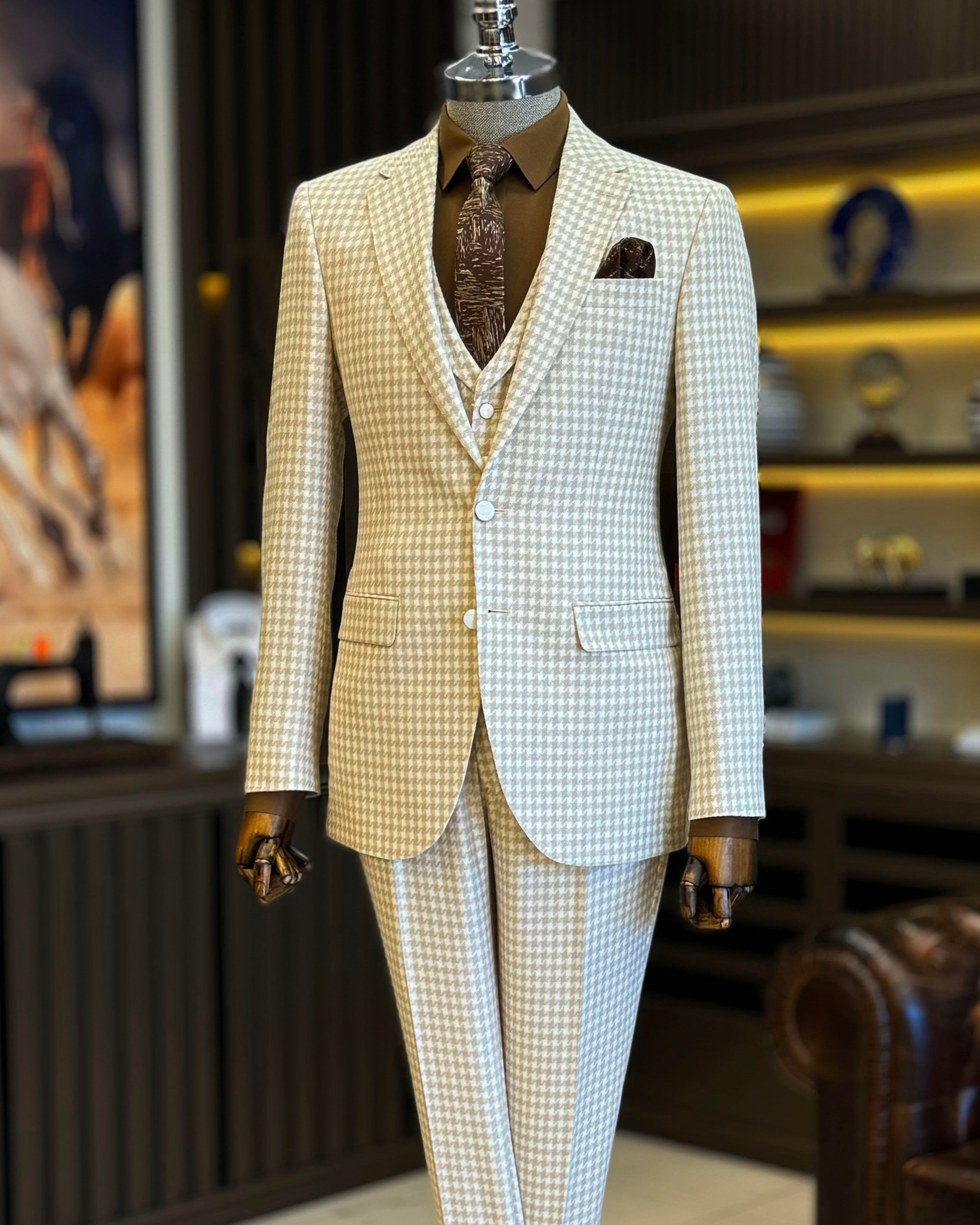 Beige Plaid Slim-Fit Suit 3-Piece