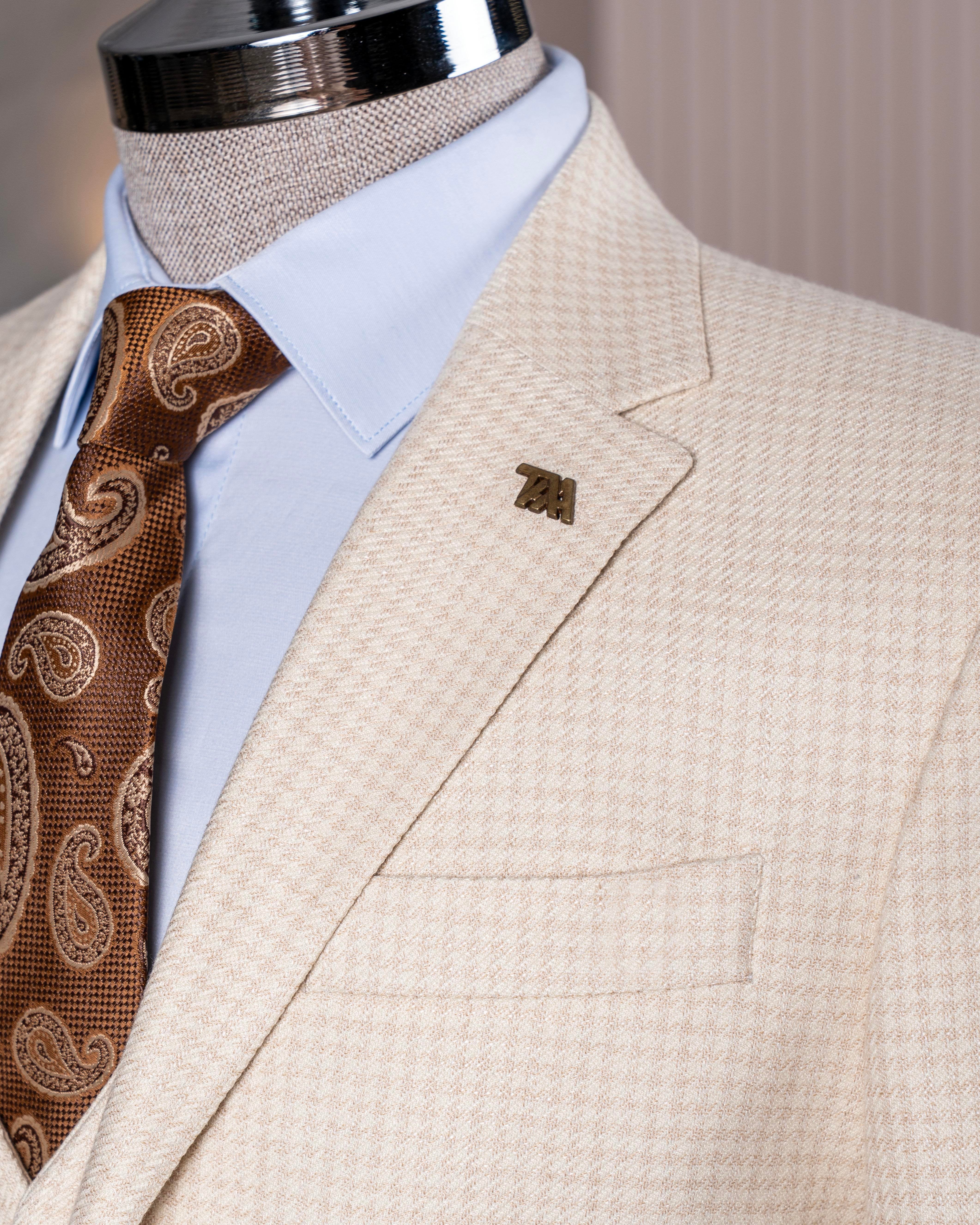 Beige Houndstooth Slim-Fit Suit 3-Piece