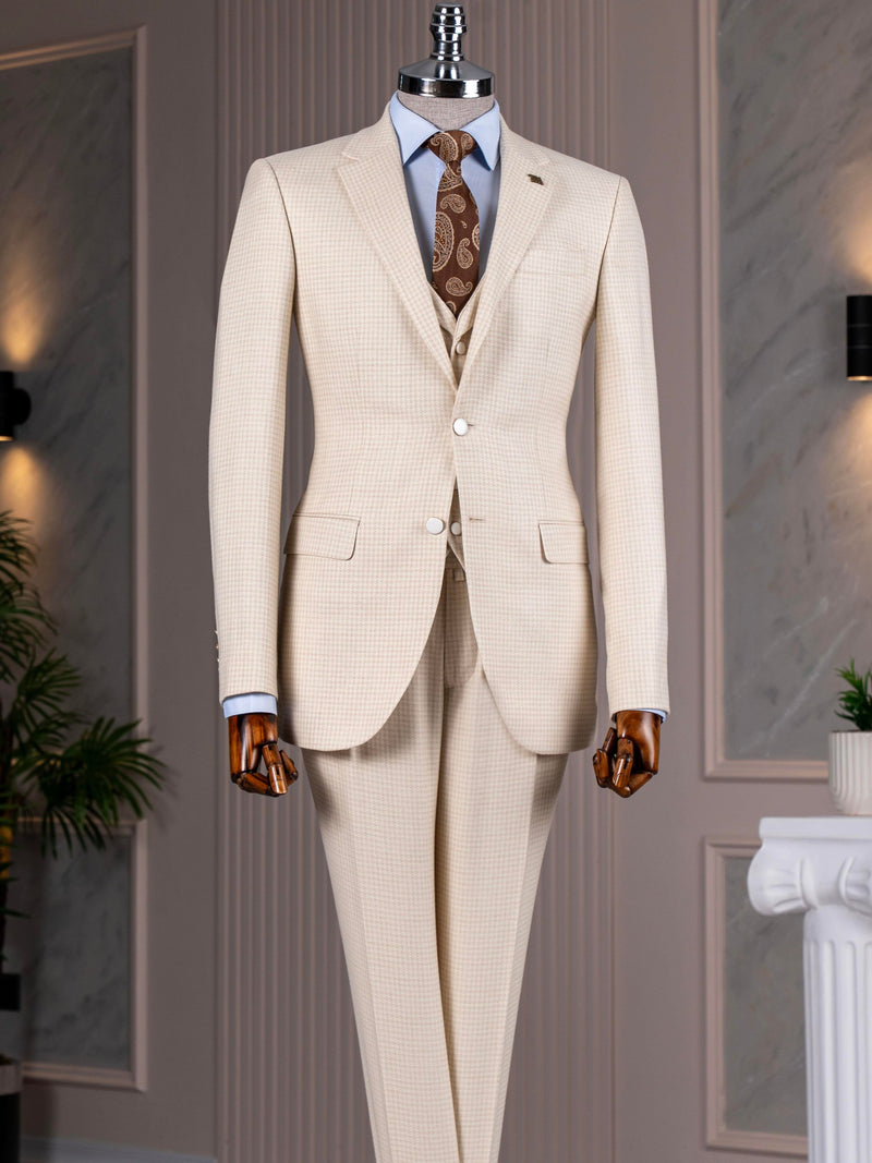 Beige Houndstooth Slim-Fit Suit 3-Piece