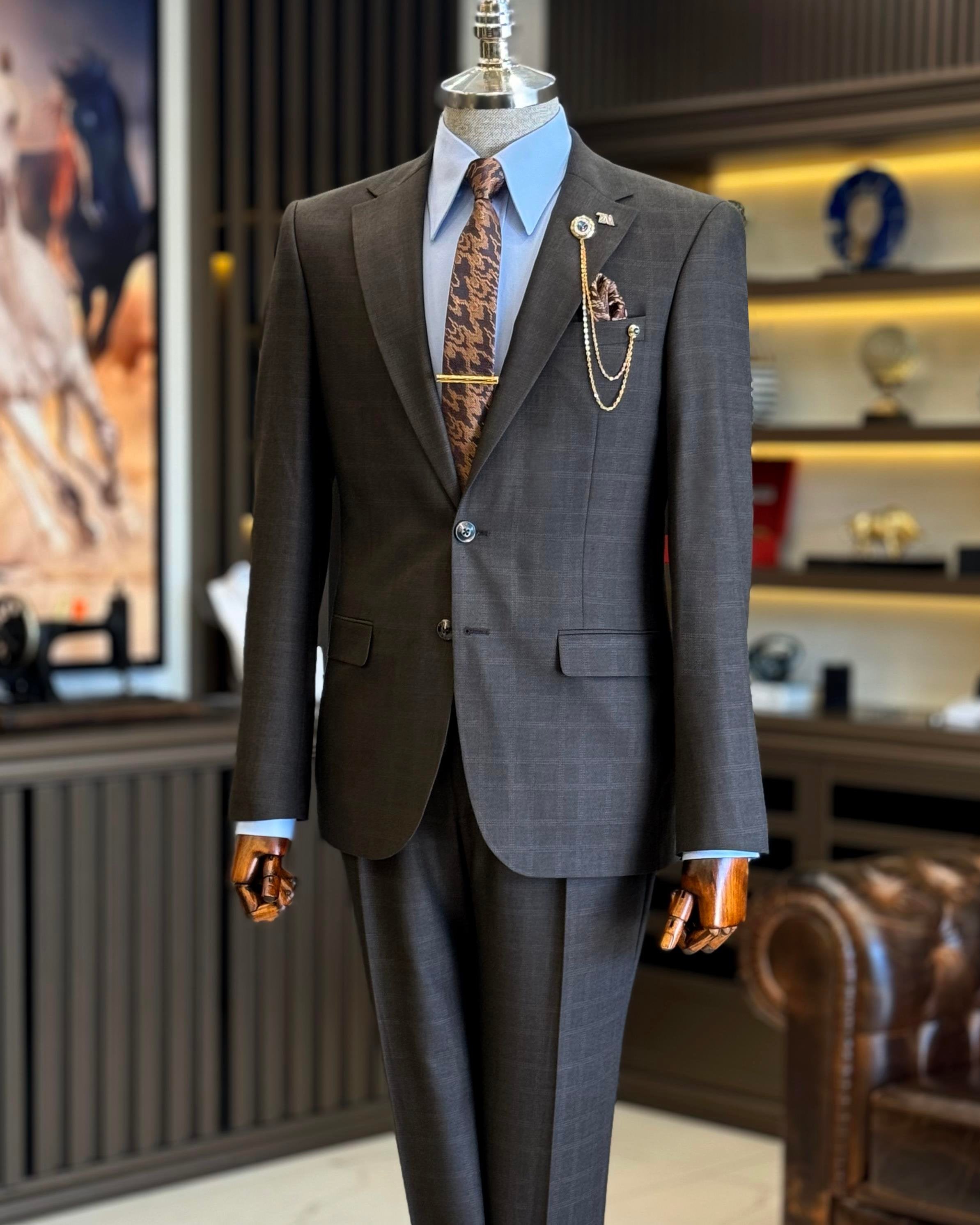 Brown Plaid Slim-Fit Suit 2-Piece